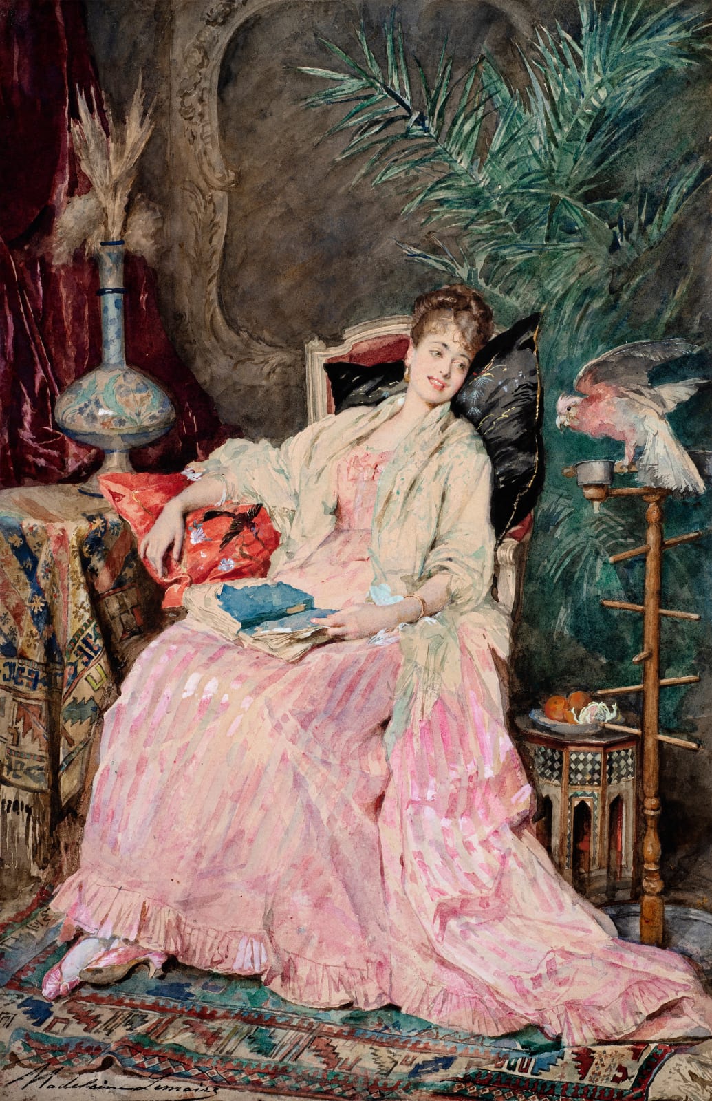 MADELEINE LEMAIRE, A lady sitting in an interior with a parrot