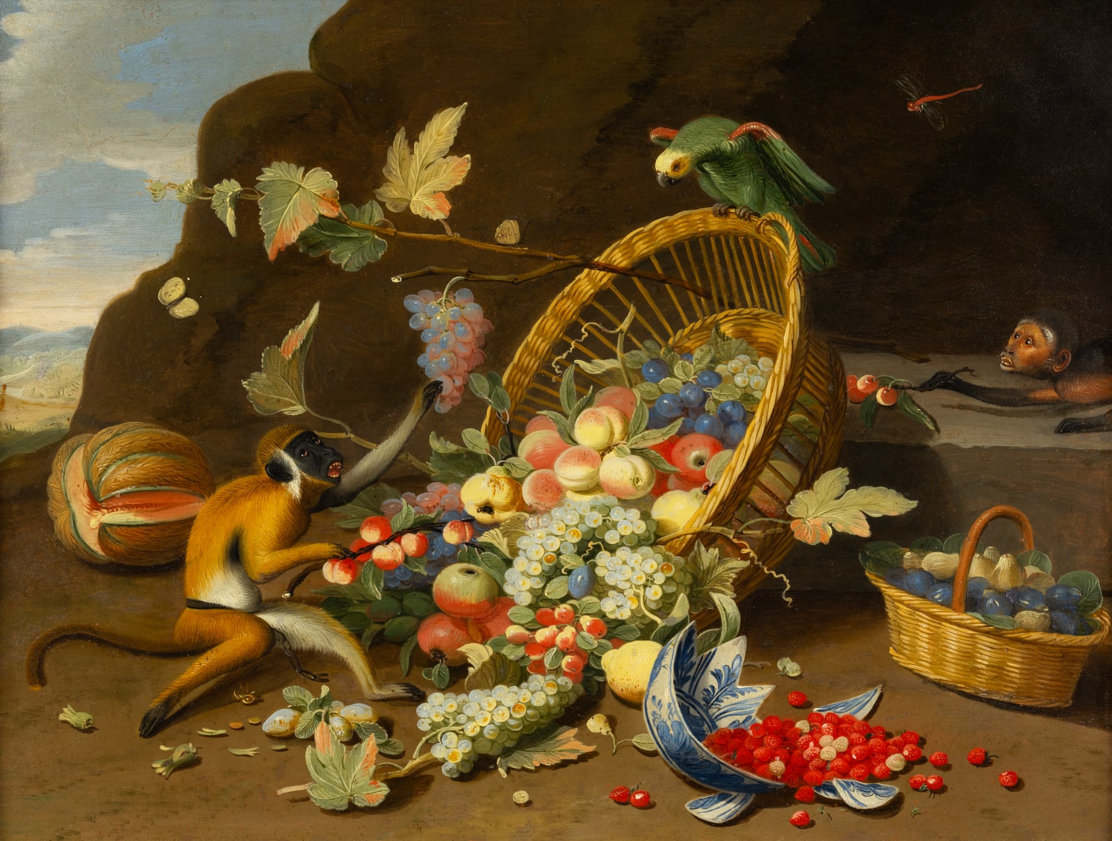 PSEUDO - JAN VAN KESSEL, Still life of fruit with a monkey and a parrot