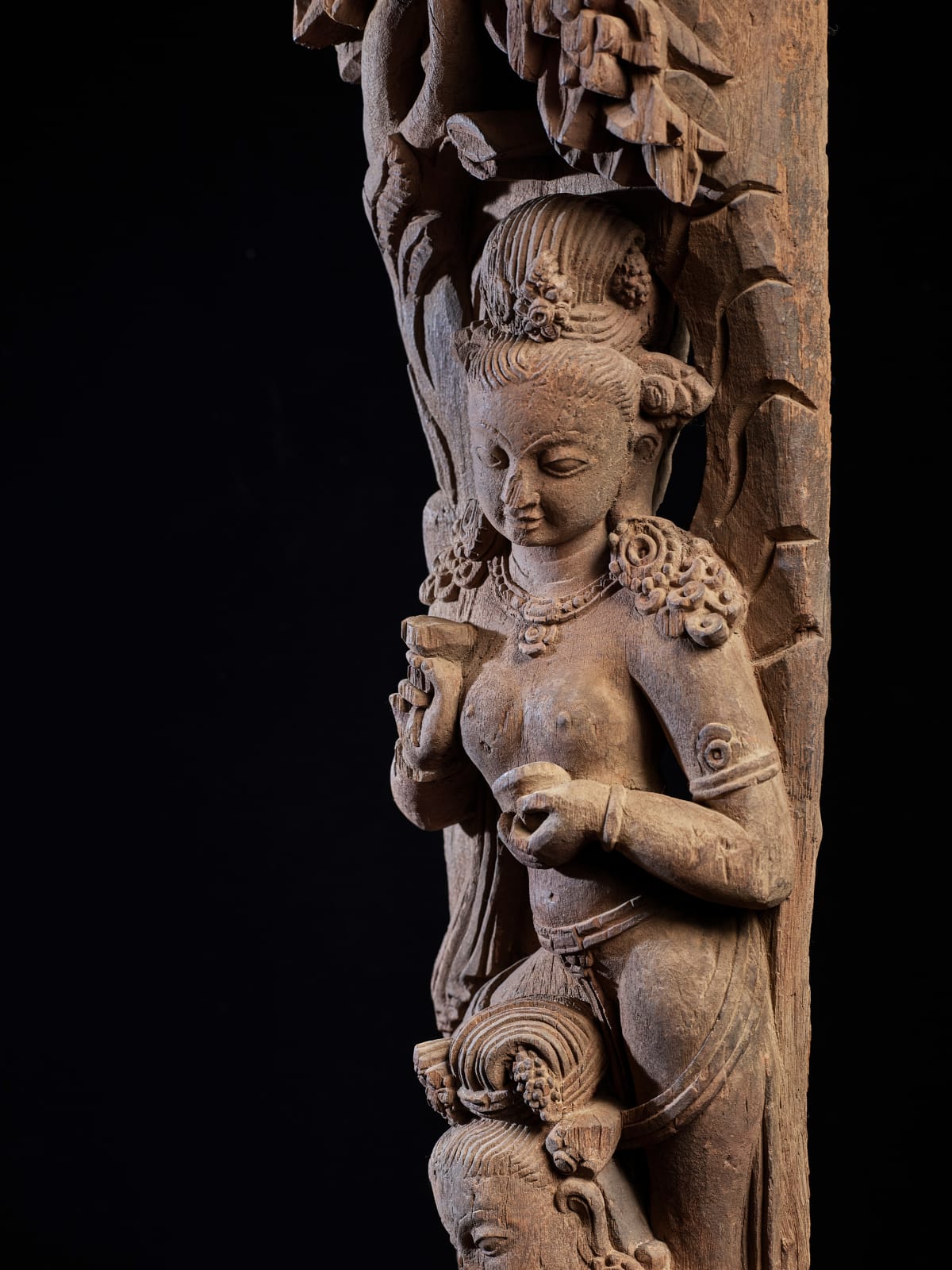 Architectural strut with figures beneath a flowering Sal Tree, Nepal, Kathmandu Valley, late 15th-early 16th century