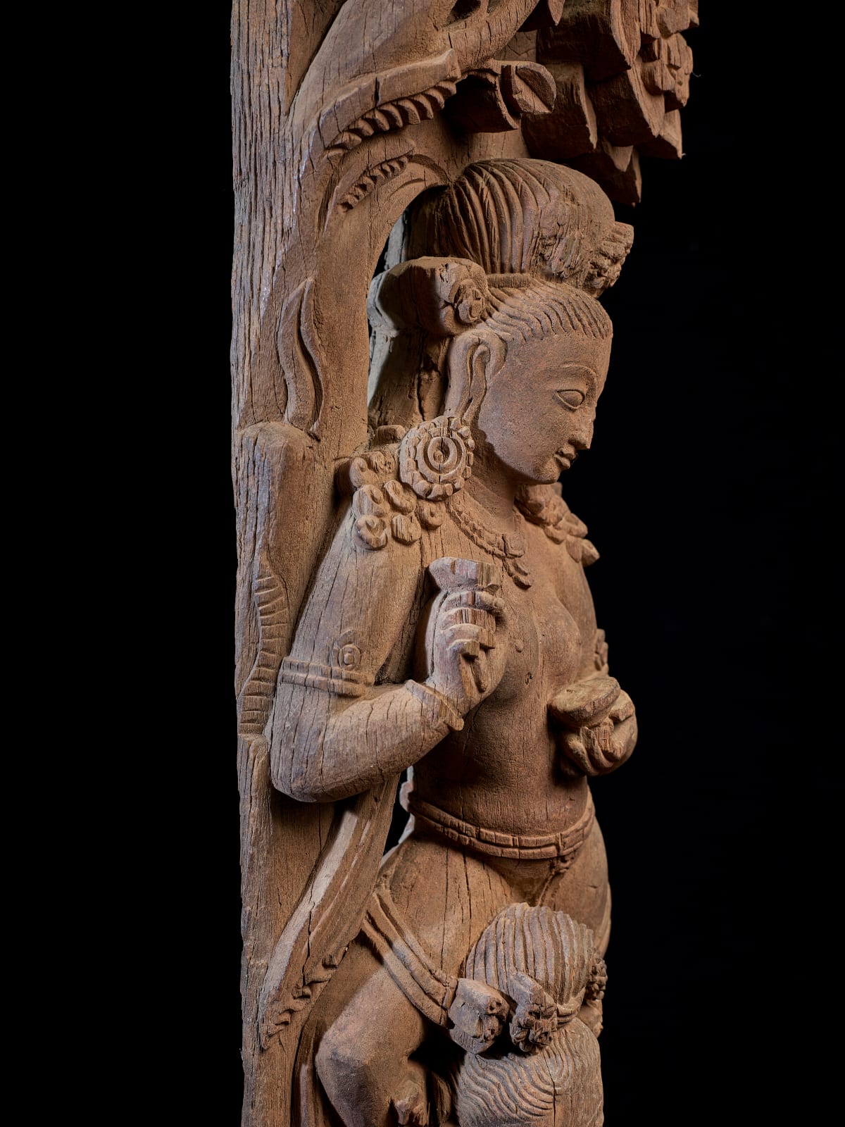 Architectural strut with figures beneath a flowering Sal Tree, Nepal, Kathmandu Valley, late 15th-early 16th century