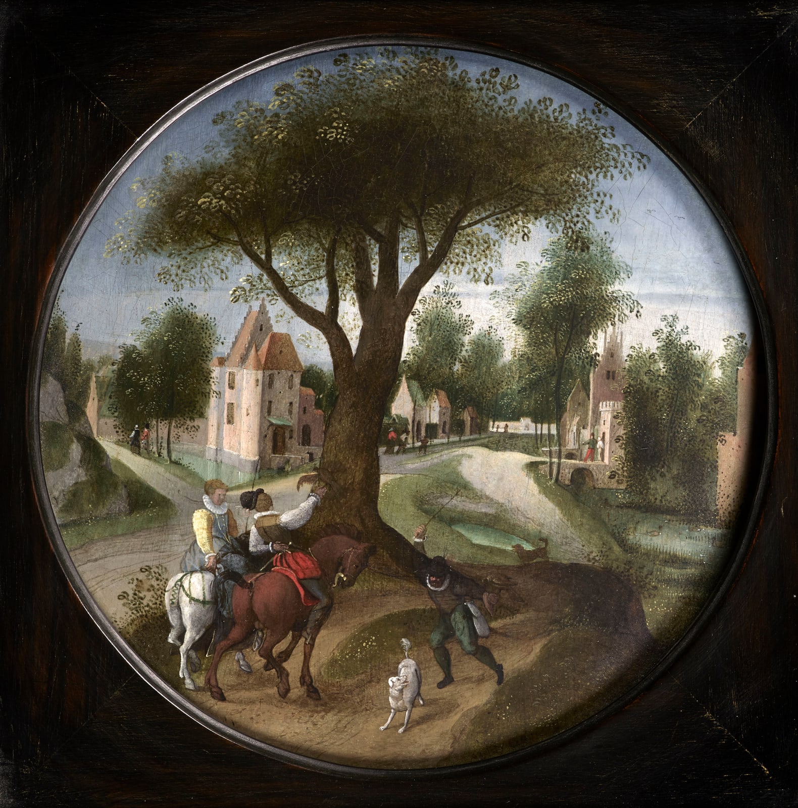 ABEL GRIMMER, A village landscape with two elegant riders with a hawk in the foreground, 1608