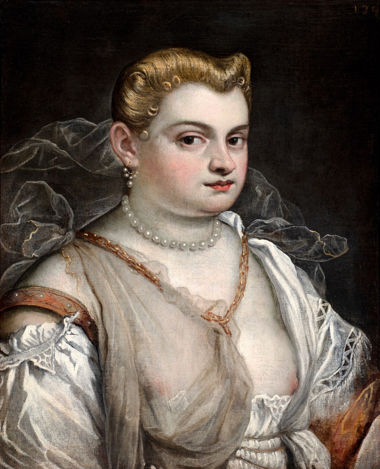 DOMENICO TINTORETTO, Portrait of a woman, half-length, wearing a pearl necklace and earrings