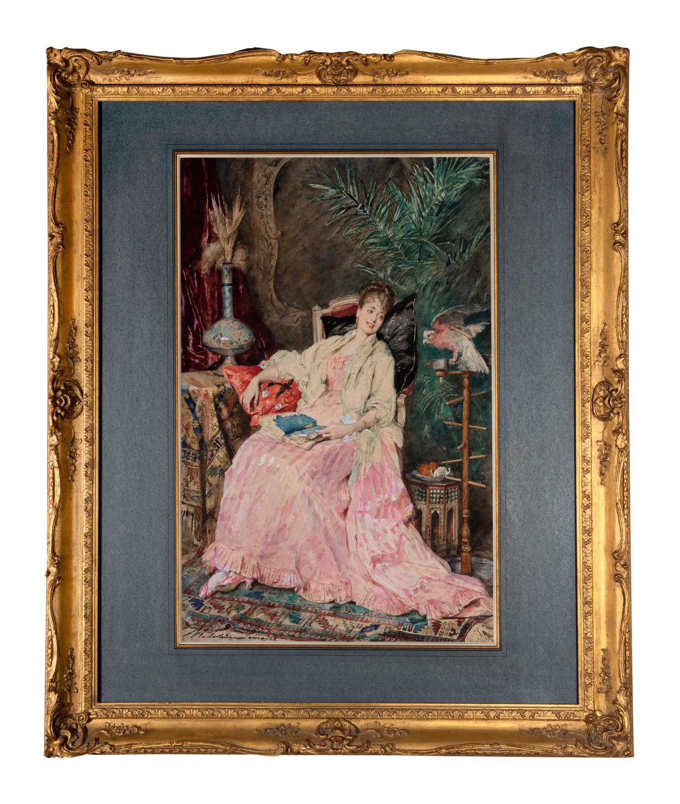 MADELEINE LEMAIRE, A lady sitting in an interior with a parrot