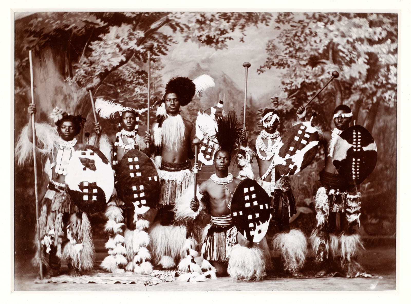 ARMSTRONG PHOTOGRAPHIC STUDIO, Seven Zulu warriors with cowhide shields, staffs and knobkerries
