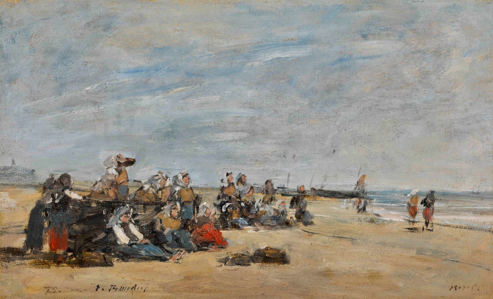 Eugène Boudin, Berck, groupe de pêcheuses assises sur la grève, 1875