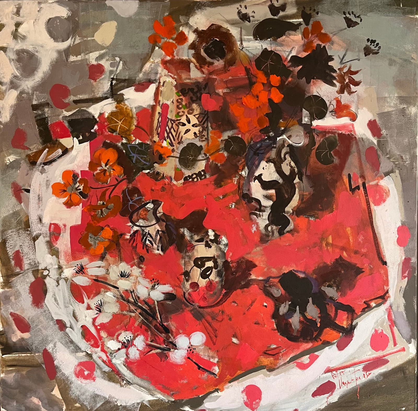 Peter Lloyd-Jones, Nasturtiums on red, 2025