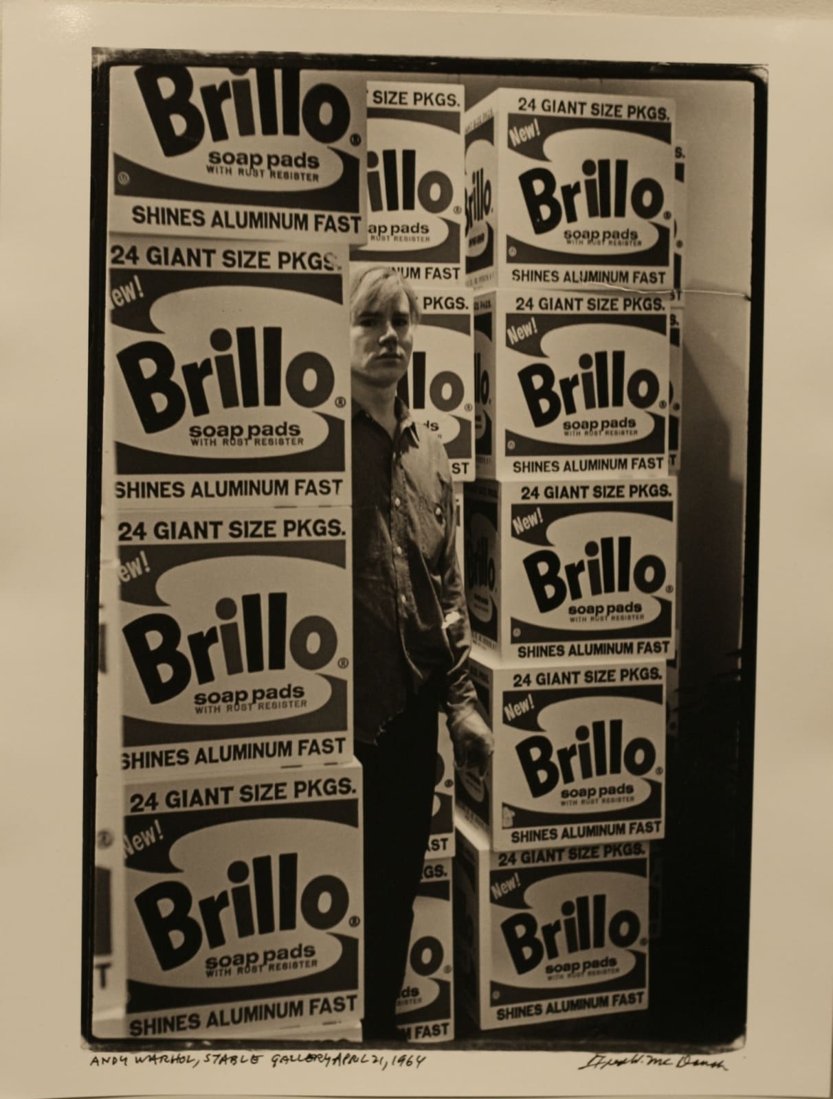 McDarrah, Warhol with Brillo boxes at Stable, Apr. 21, 1964