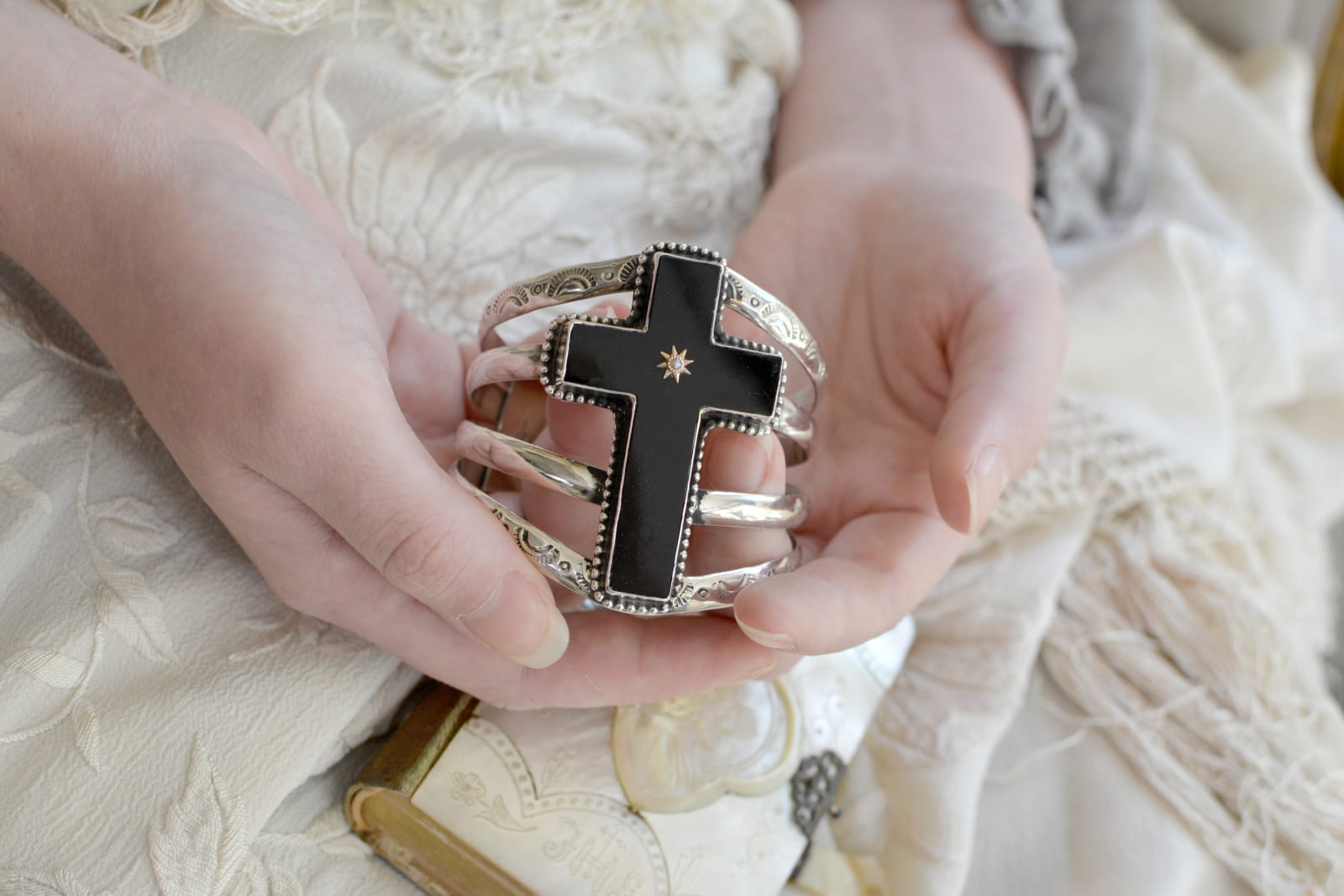 Jill Garber, WISDOM CUFF WITH RARE NINETEENTH CENTURY BLACK ONYX AND SEED PEARL CROSS