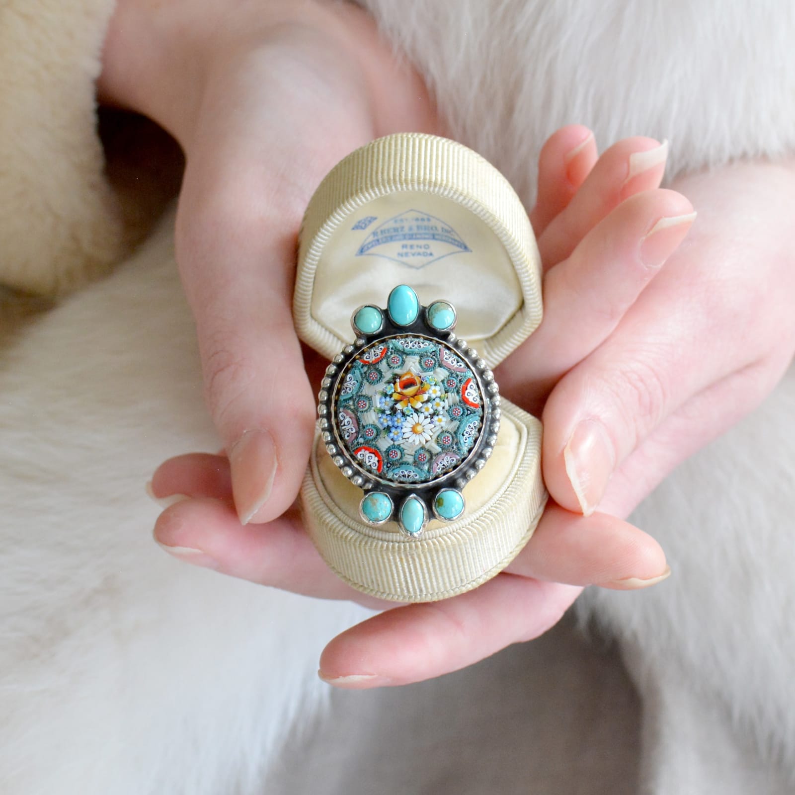 Jill Garber, Very fine 19th Century micro mosaic dinner ring in shades of aqua, teal and rose pink tesserae