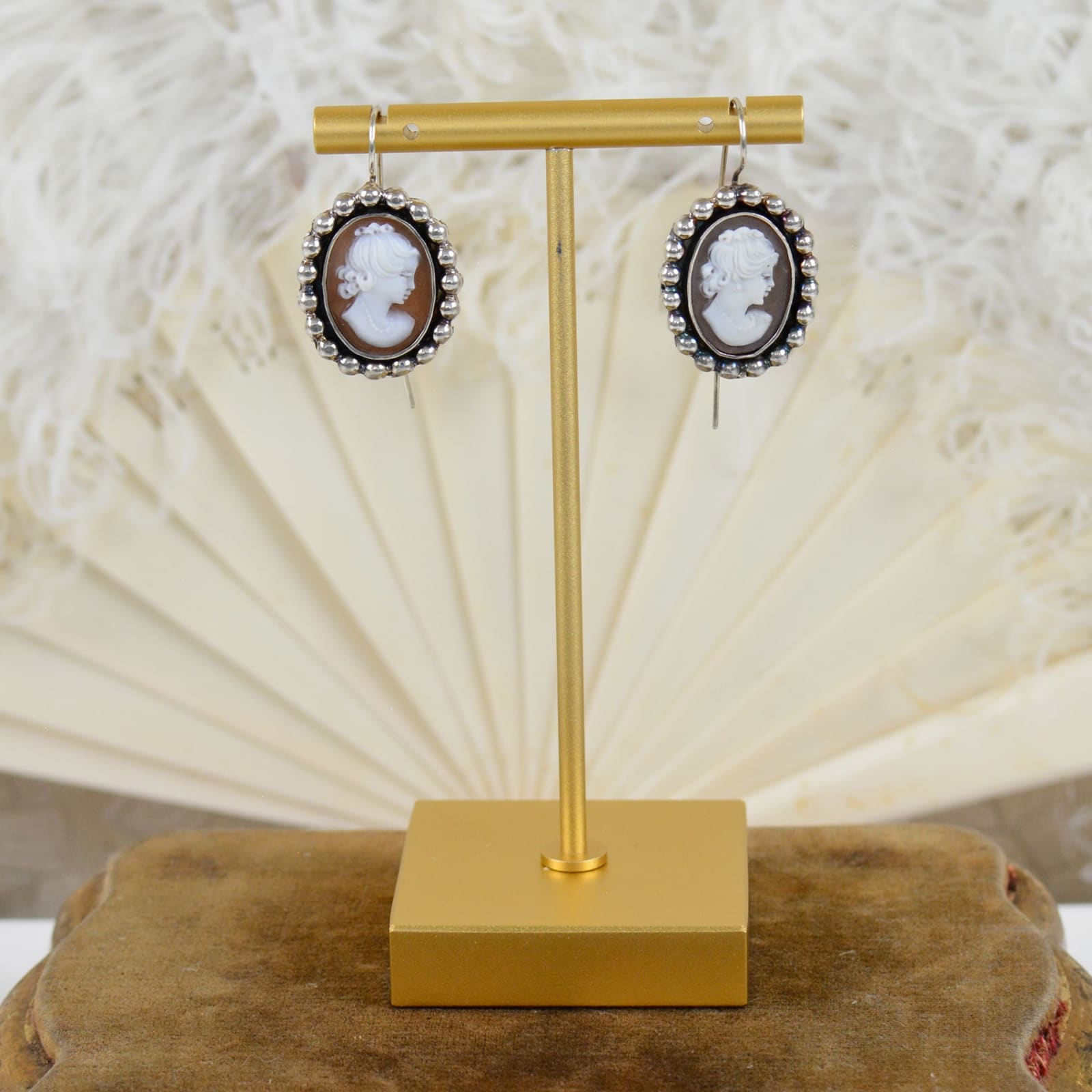 Jill Garber, LARGE SINGLE HAND CARVED CAMEO GODDESS DROP IN BEADED MOUNTING EARRINGS