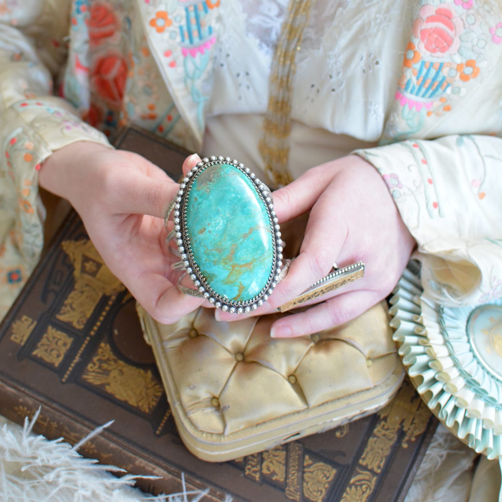 Jill Garber, GRANDE LARGE DEEP AQUA BLUE/ GREEN, HIGH DOME CERRILOS TURQUOISE CABOCHON CUFF BRACELET WITH EXQUISITE GALLERY WIRE MOUNTING AND BOLD STERLING SILVER BEADING