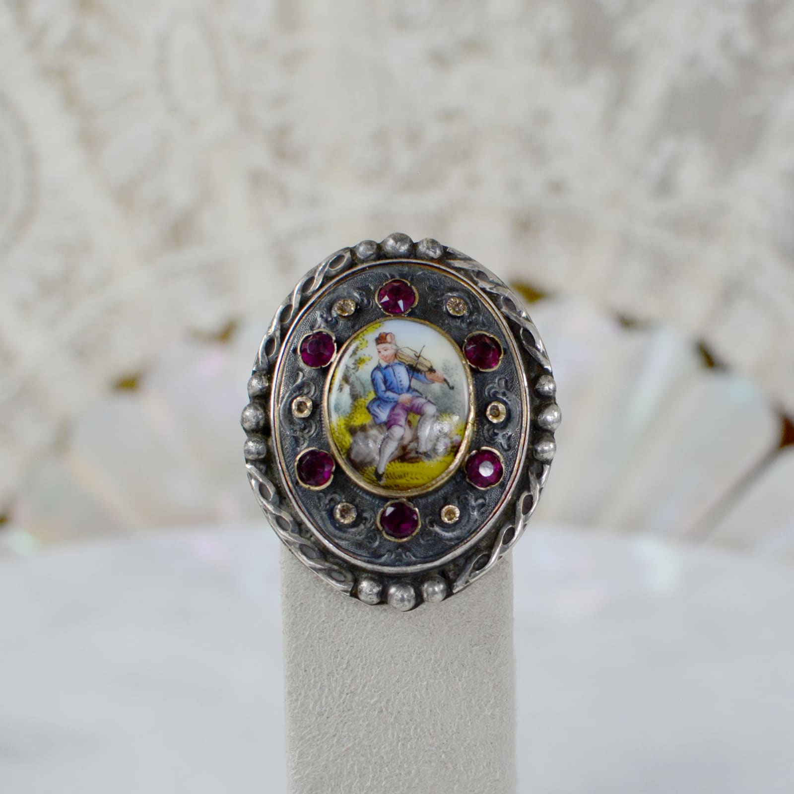 Jill Garber, Antique Porcelain Ring with French Couple and Rose Cut Garnets