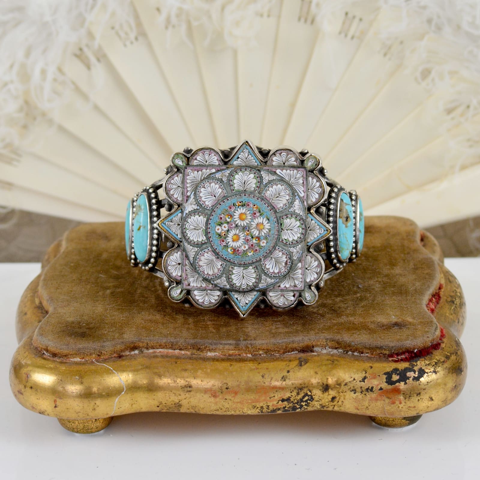 Jill Garber, FINE SQUARE TURQUOISE FLORAL MICRO MOSAIC WITH ELONGATED KINGMAN CABOCHONS