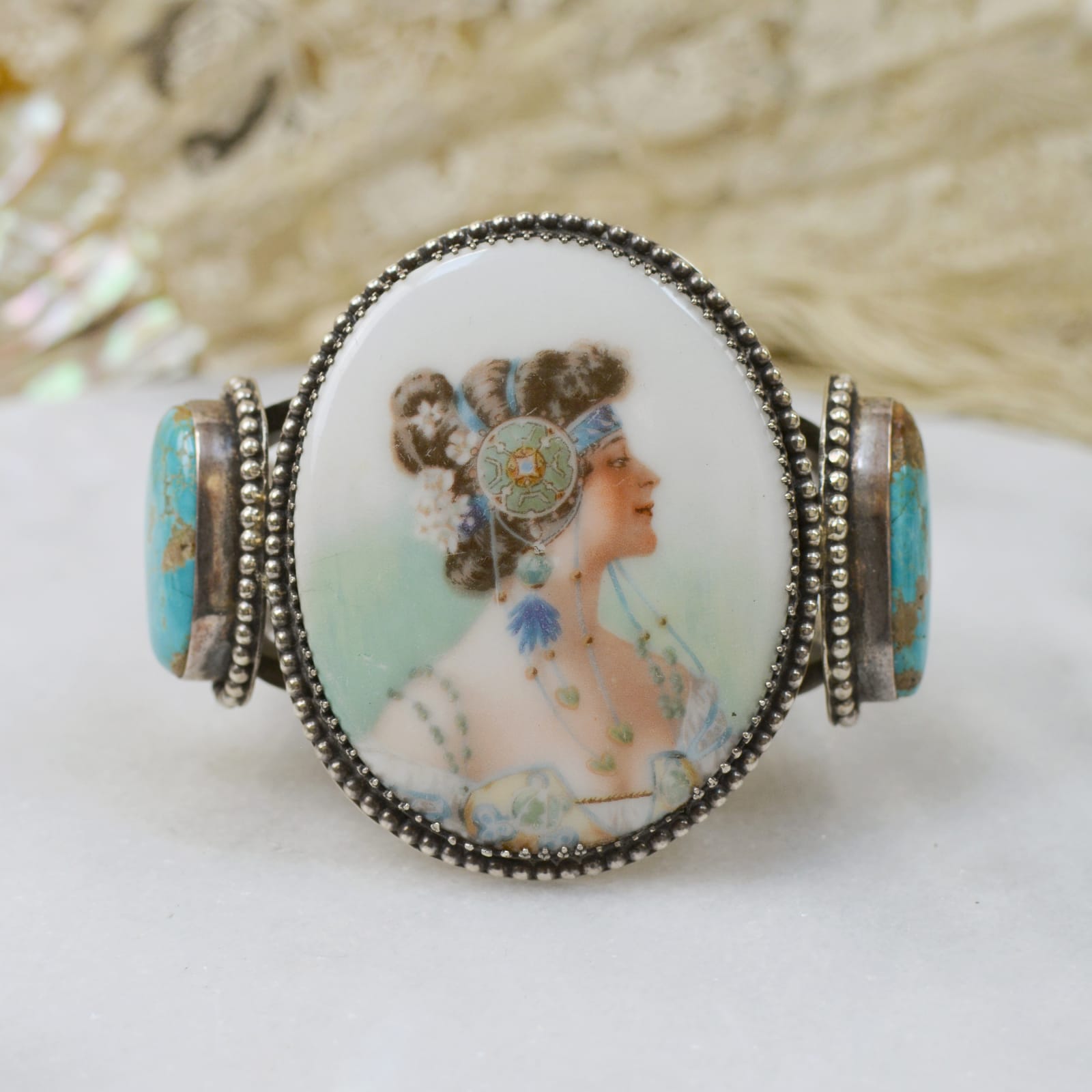 Jill Garber, ANTIQUE ART NOUVEAU PORCELAIN GODDESS CUFF WITH NATURAL ROYSTON TURQUOISE