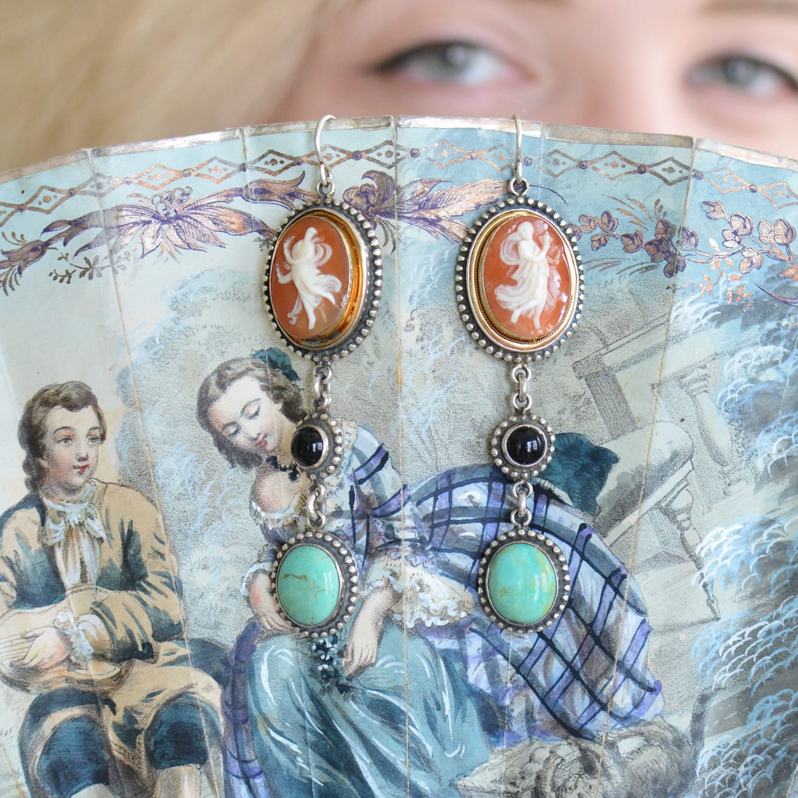 Jill Garber, ANTIQUE 19TH CENTURY HAND CARVED MYTHOLOGICAL GRACES CAMEO DROP EARRINGS WITH black onyx and kingman turquoise cabochons
