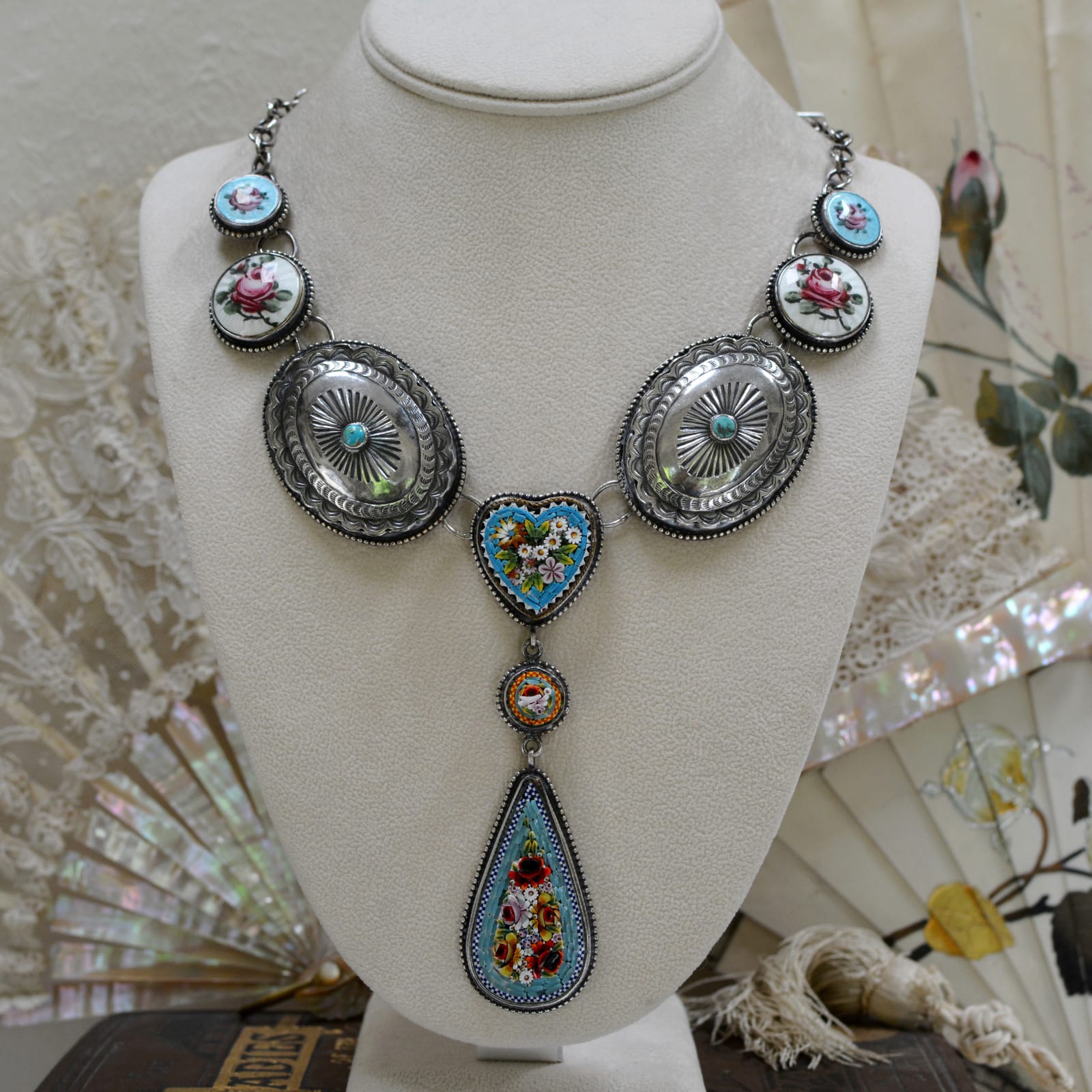 Jill Garber, NNETEENTH CENTURY TESSERAE MICRO MOSAIC FESTOON NECKLACE WITH EARLY NAVAJO CONCHOS