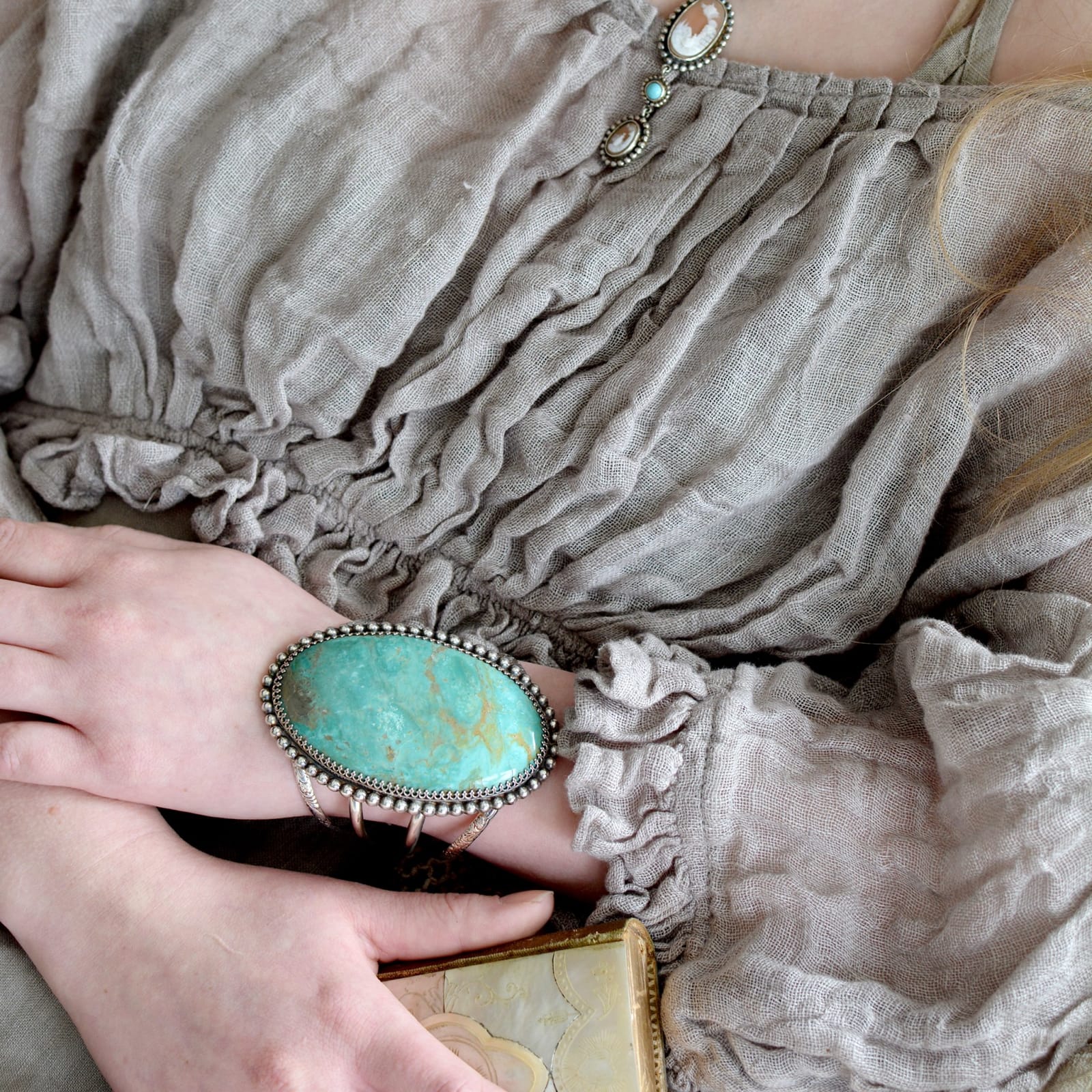 Jill Garber, GRANDE LARGE DEEP AQUA BLUE/ GREEN, HIGH DOME CERRILOS TURQUOISE CABOCHON CUFF BRACELET WITH EXQUISITE GALLERY WIRE MOUNTING AND BOLD STERLING SILVER BEADING