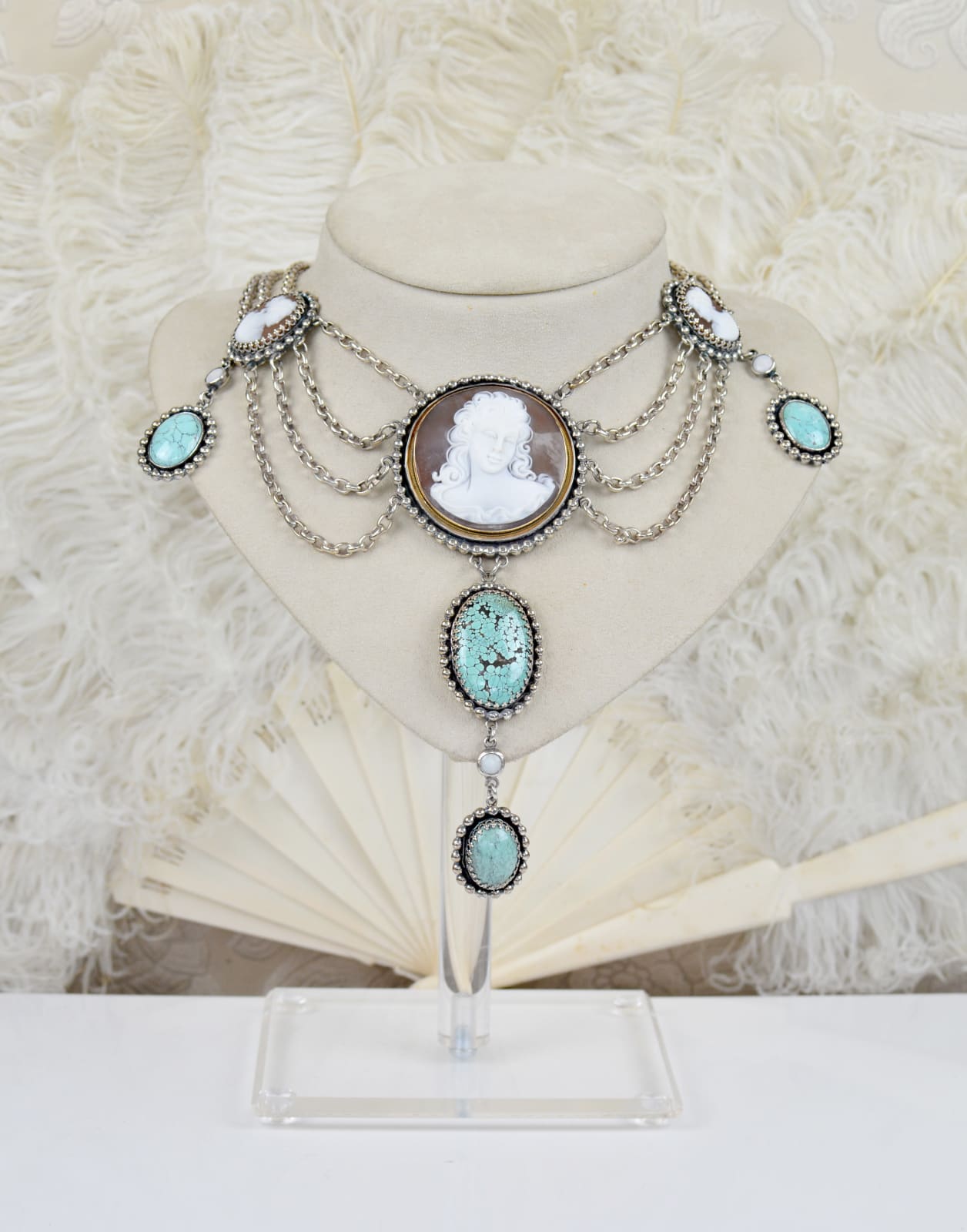 Jill Garber, A magnificent 19th Century hand carved goddess cameo is connected by Complex layers of English rolo chaining to form this important necklace