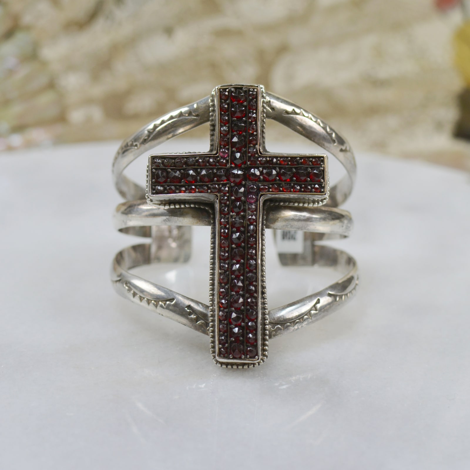 Jill Garber, RARE ANTIQUE, NINETEENTH CENTURY, COMPLEX ROSECUT GARNET BISHOPS CROSS CUFF WITH LACE LIKE HAND STAMPING