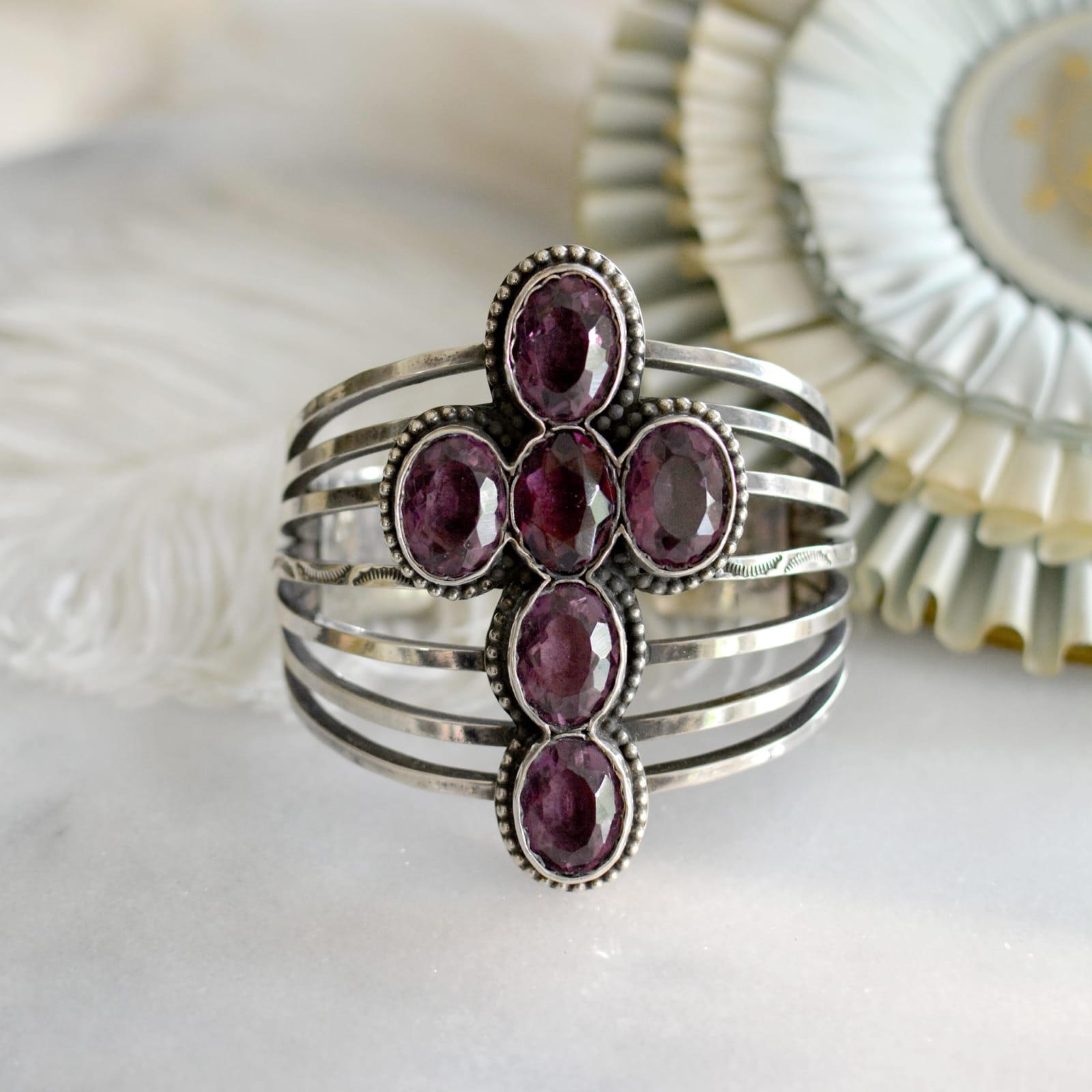 Jill Garber, Magnificent late 19th Century Art Nouveau bezel set amethyst French paste cross cuff bracelet in sterling silver