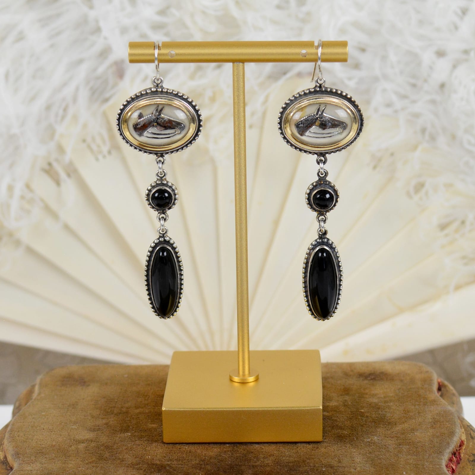 Jill Garber, BLACK ONYX DROP EARRING WITH CIRCA 1930’S INTAGLIO HORSES TOP IN HEAVY GOLD VERMEIL EARRINGS