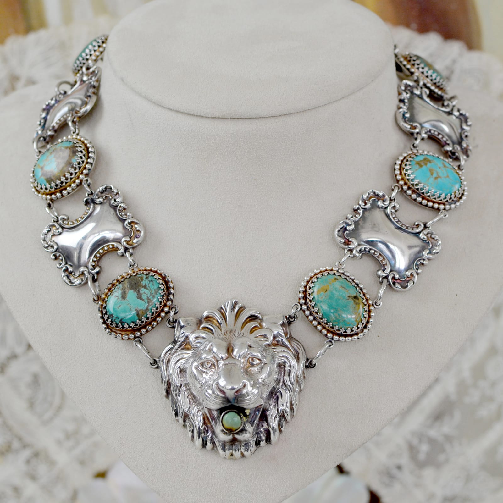 Jill Garber, SPECTACULAR HIGH RELIEF LION COLETTE NECKLACE WITH NATURAL TYRONE TURQUOISE CABOCHONS