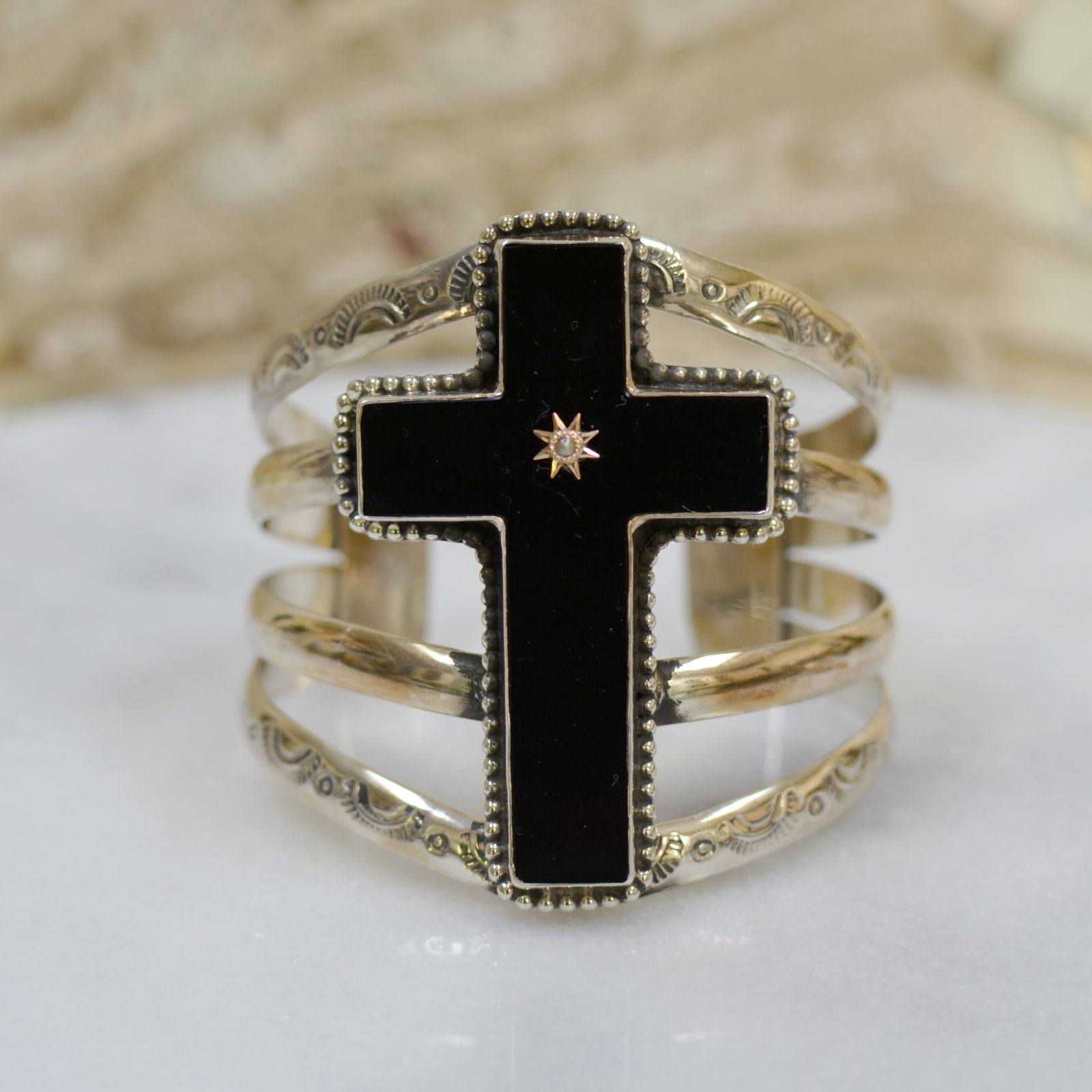 Jill Garber, WISDOM CUFF WITH RARE NINETEENTH CENTURY BLACK ONYX AND SEED PEARL CROSS