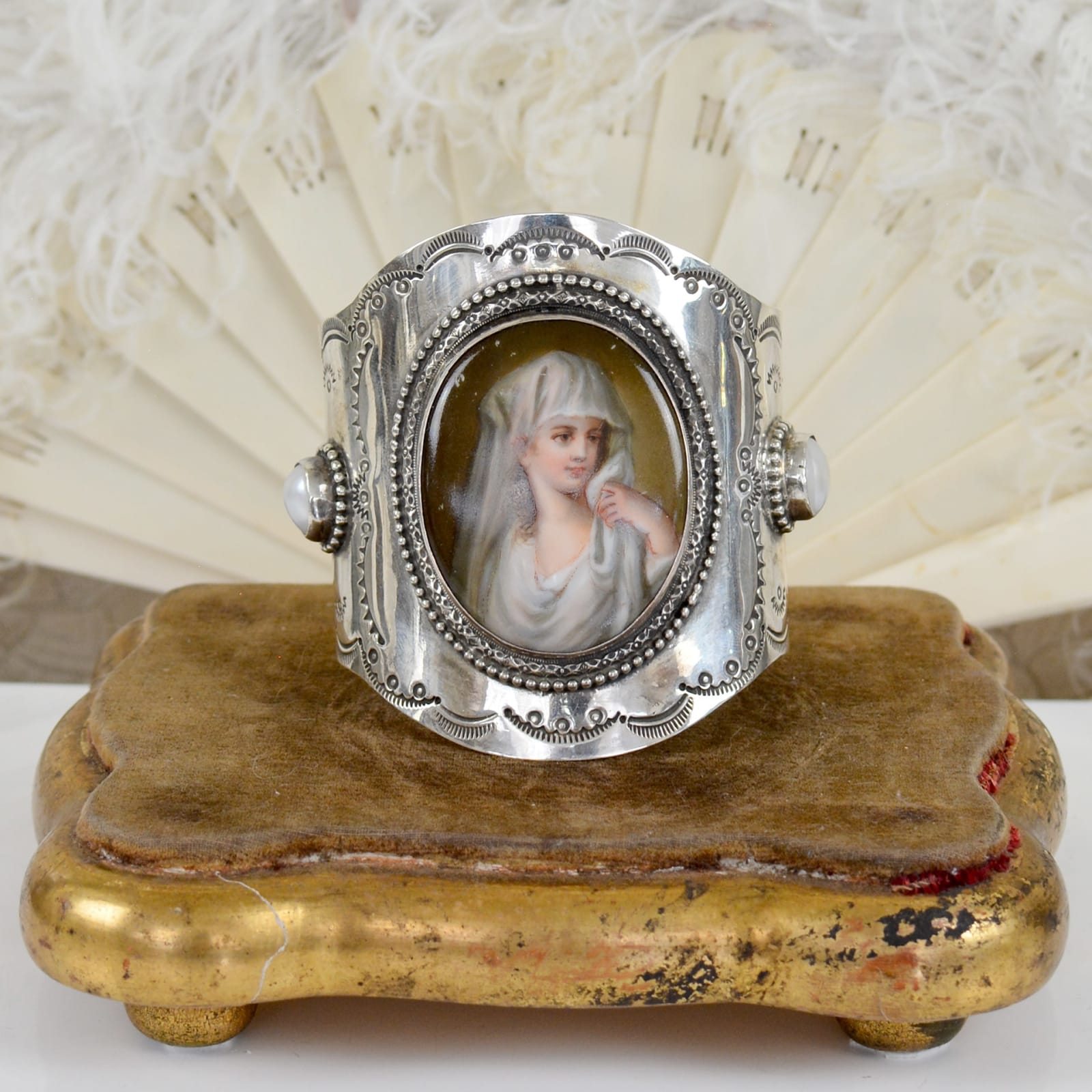 Jill Garber, VEILED BRIDE OR SAINT WIDE STAMPED CUFF WITH 4 BAROQUE PEARLS