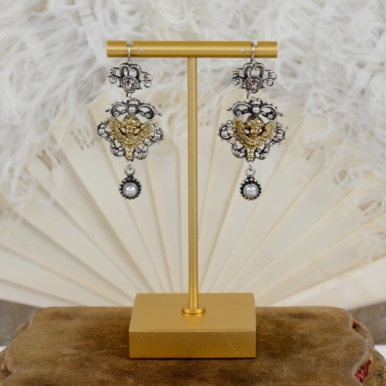 Jill Garber, FILIGREE HAND CAST ROCOCO ANGEL WREATH IN 14 KARAT GOLD AND STERLING SILVER WITH ORNATE FILIGREE WIRE TOP EARRINGS