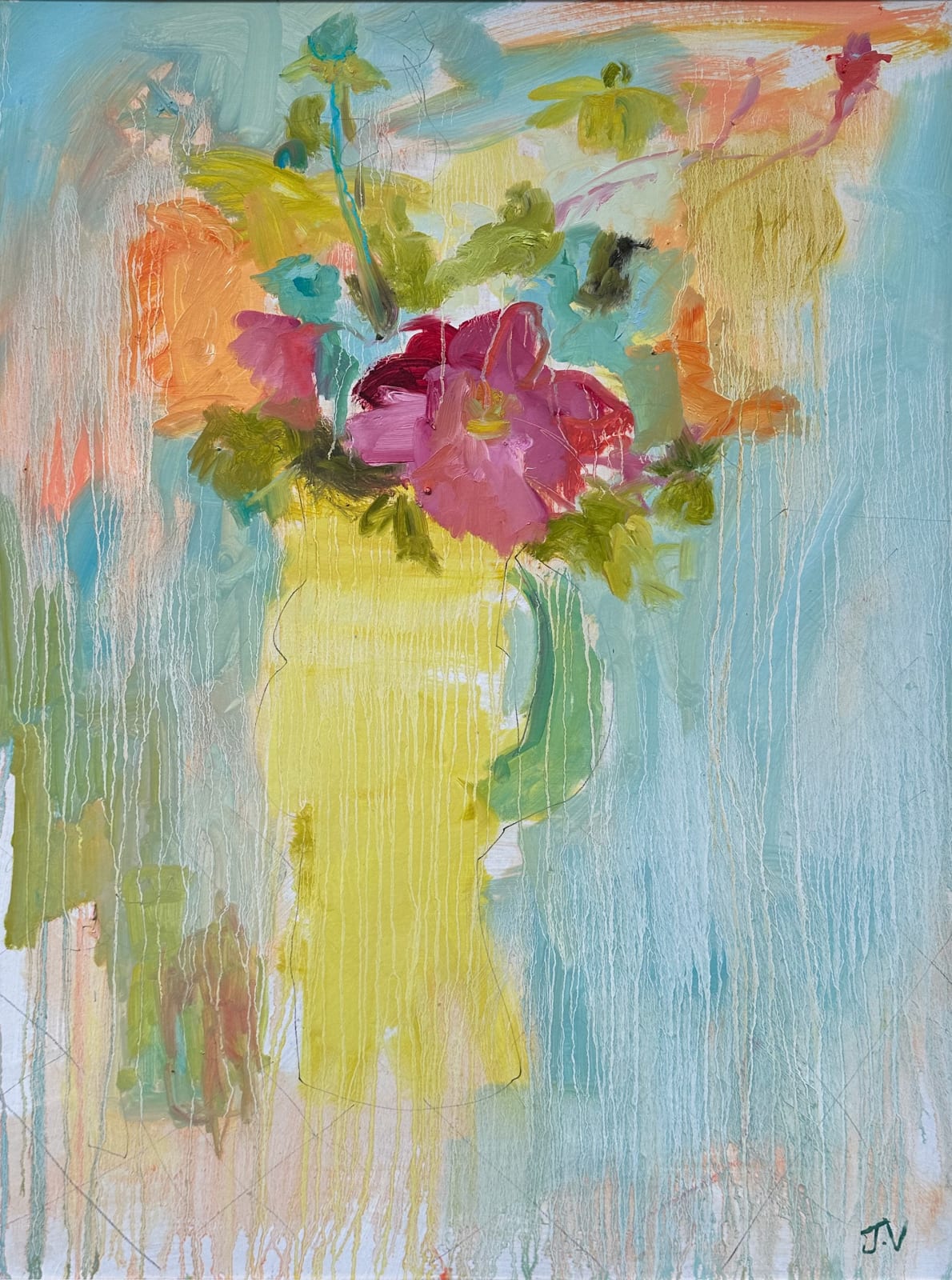 Jo Vollers, Pink Dahlia in Tall Yellow Vase (Hungerford Gallery)