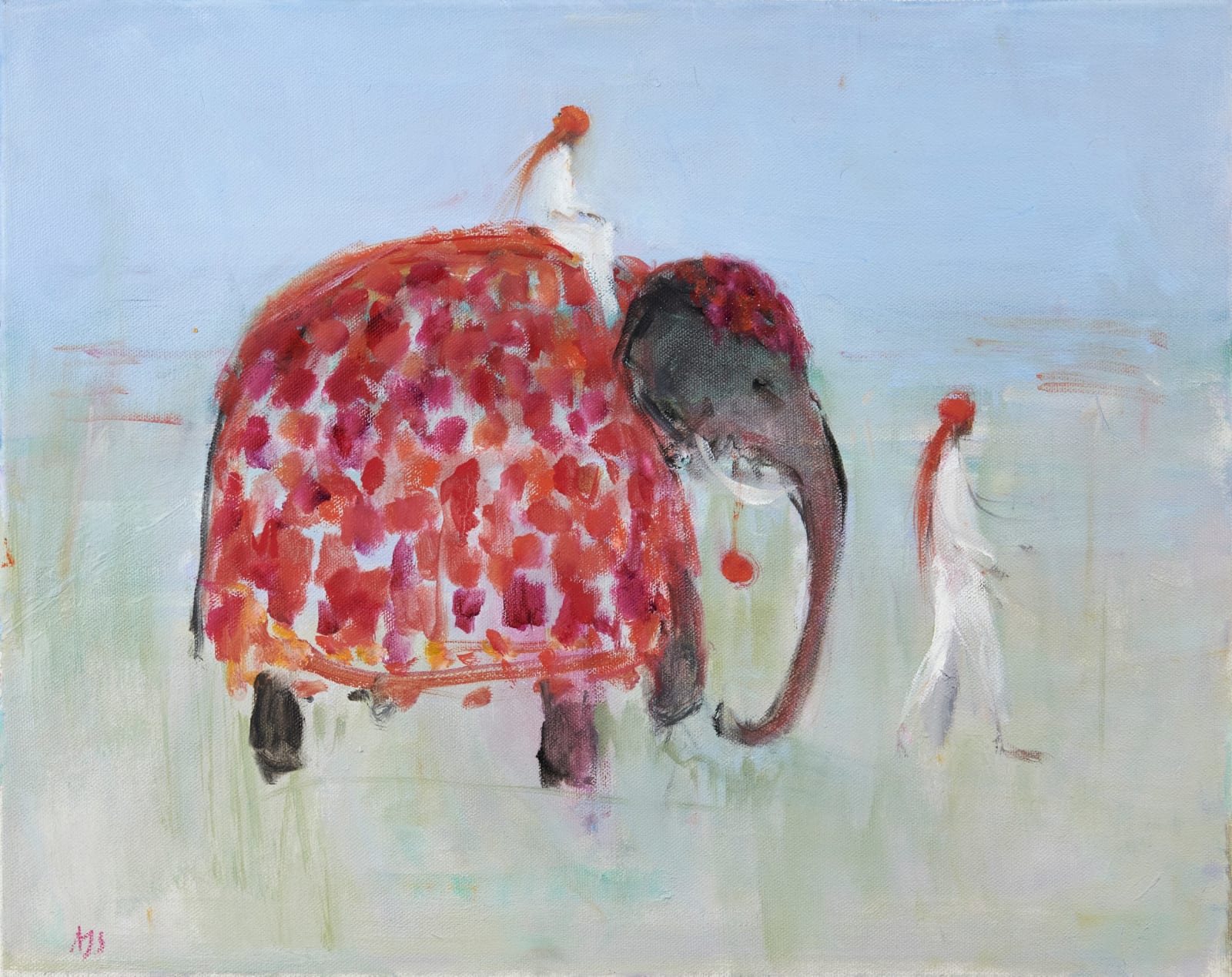 Ann Shrager, Pink and Orange Elephant with Two Mahouts (London Gallery)