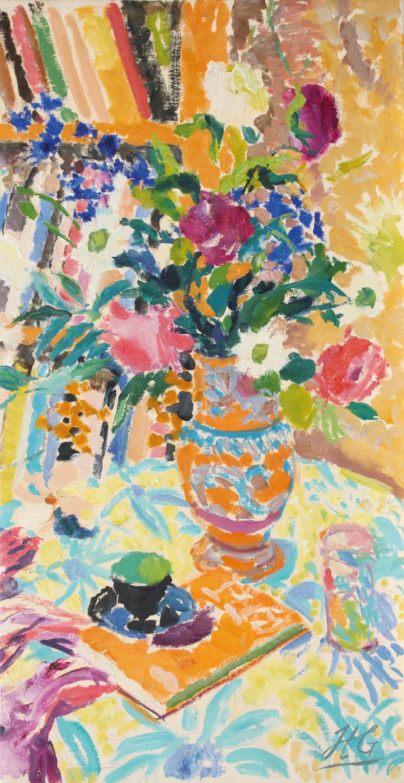 Hugo Grenville, Still Life with Vase of Peonies and Coffee Cup