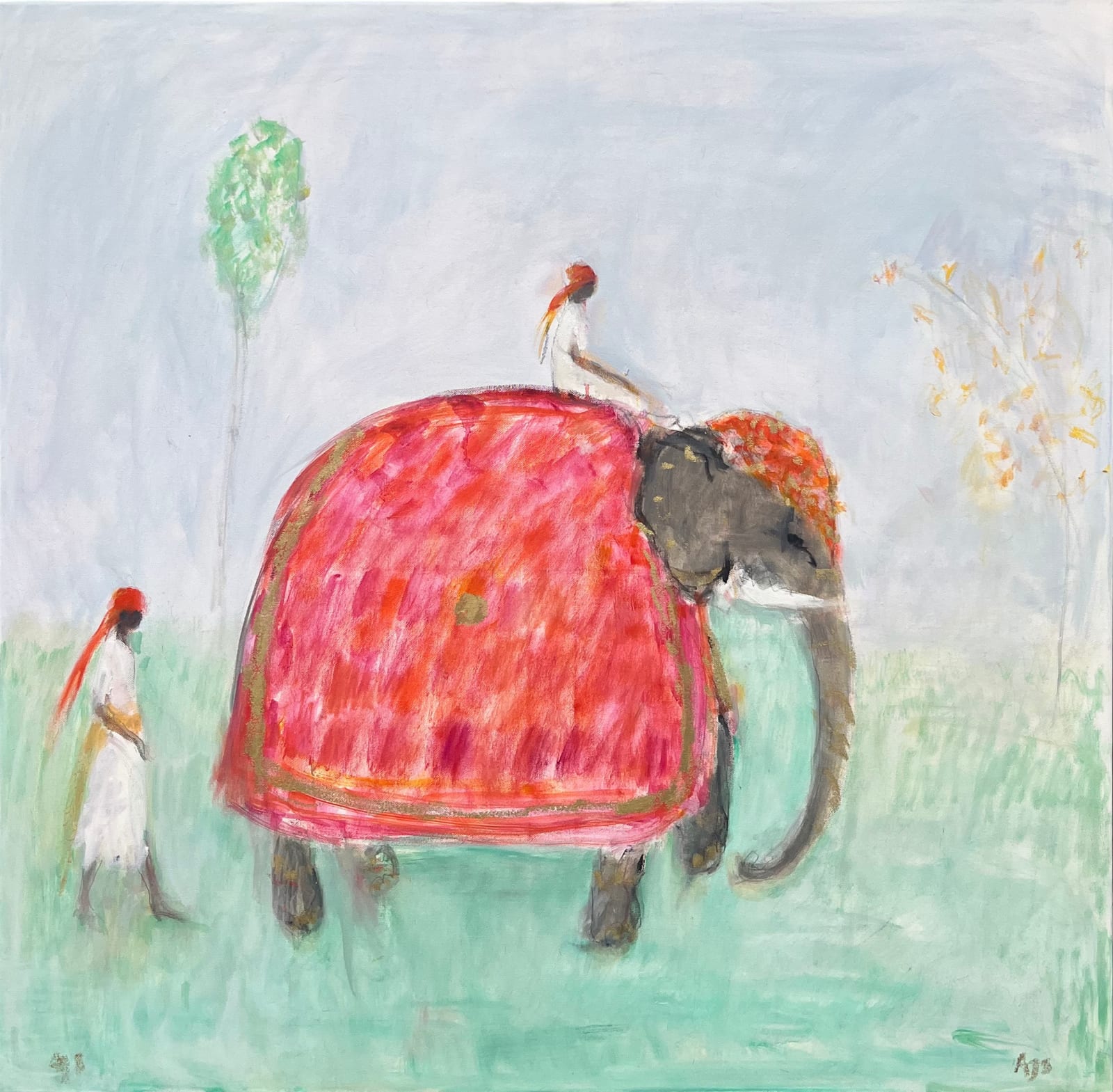 Ann Shrager, Elephant in Red with Two Mahouts (London Gallery)