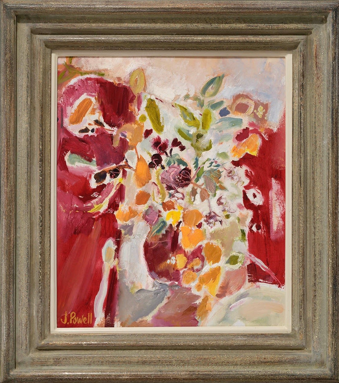 Jemma Powell, Autumn Flowers on Pink Stripey Tablecloth II