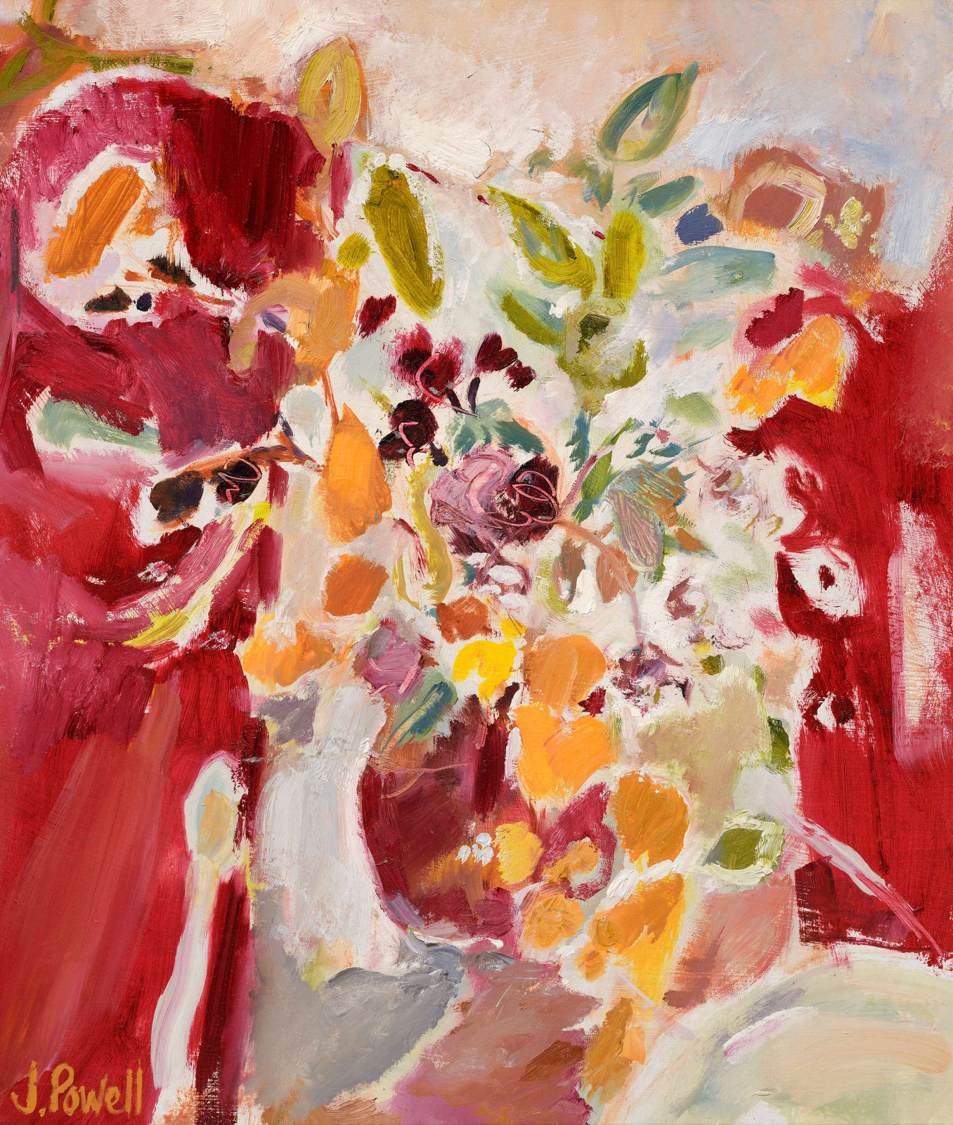 Jemma Powell, Autumn Flowers on Pink Stripey Tablecloth II