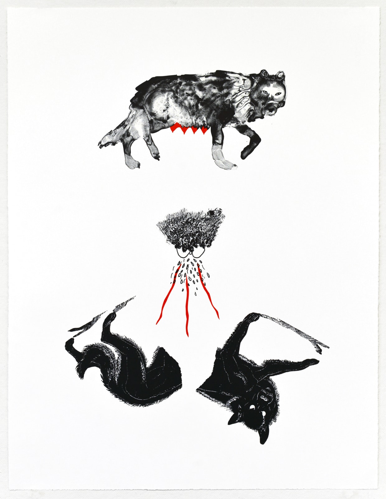 Vanessa Renwick, Self-portrait as she-wolf with glowing womb, pissing and bleeding on the idea of wolf as demon beast, Satan’s dog and all that patriarchal church bullshit, 2018