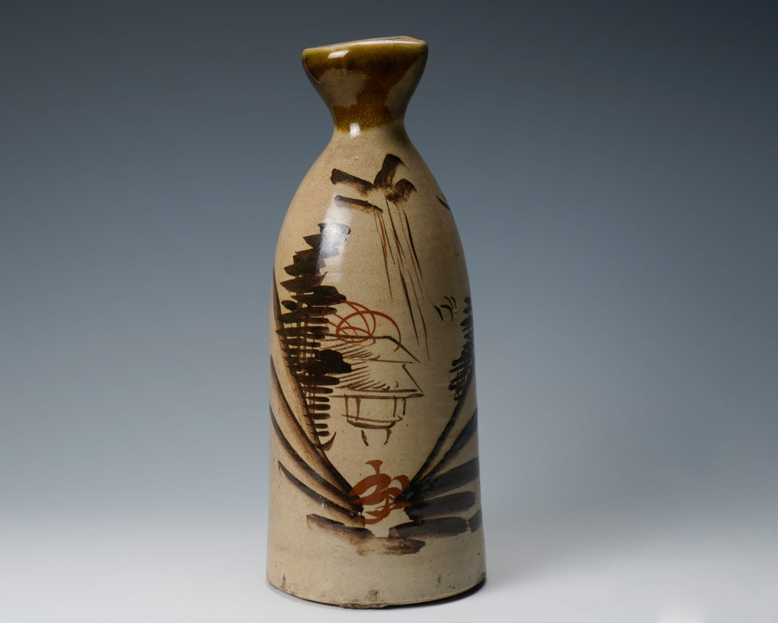 Large Seto sake bottle showing a mountain waterway landscape 瀬戸大徳利 鉄絵山水楼閣図, Late Edo period 江戸時代後期 19世紀