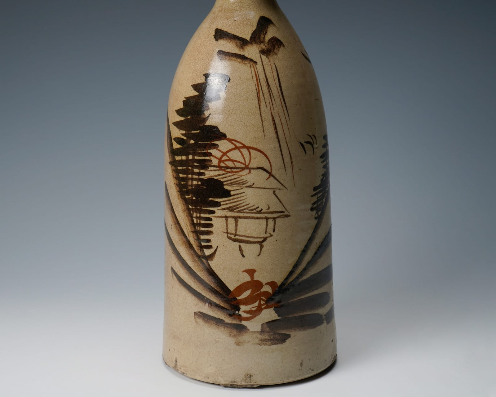 Large Seto sake bottle showing a mountain waterway landscape 瀬戸大徳利 鉄絵山水楼閣図, Late Edo period 江戸時代後期 19世紀