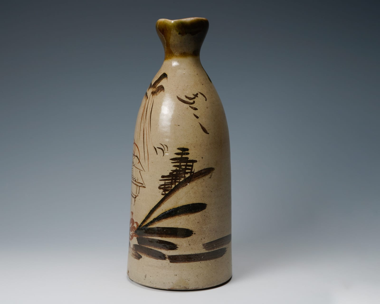 Large Seto sake bottle showing a mountain waterway landscape 瀬戸大徳利 鉄絵山水楼閣図, Late Edo period 江戸時代後期 19世紀