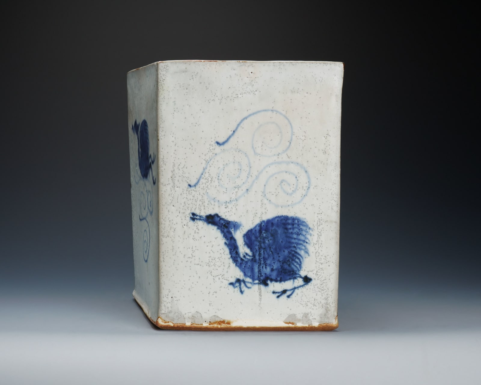 Kawamoto Goro 河本五郎, Flower vessel with sometsuke (cobalt) bird motif drawings, 1980’s