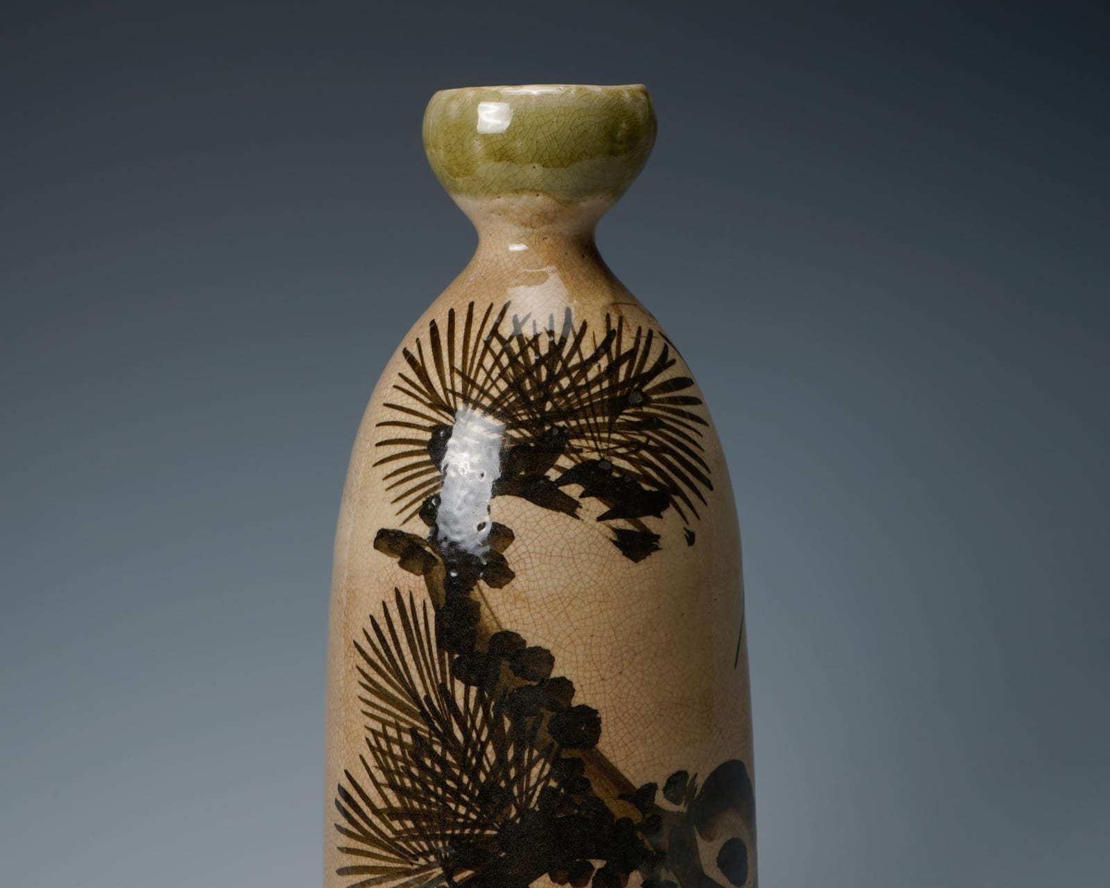 No. 1 Large Seto sake bottle with iron painted pine tree and crane motifs 瀬戸大徳利 鉄絵松樹図, Late Edo period 江戸時代後期 19世紀