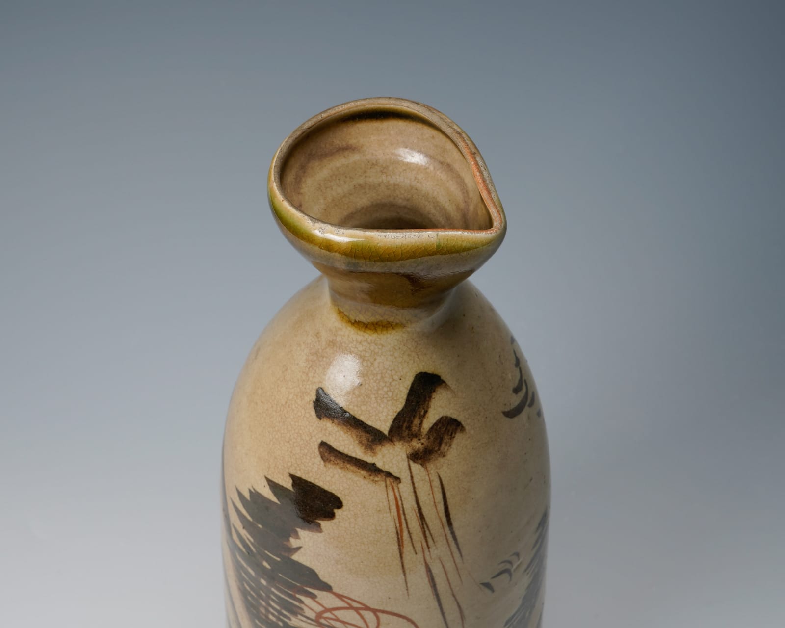 Large Seto sake bottle showing a mountain waterway landscape 瀬戸大徳利 鉄絵山水楼閣図, Late Edo period 江戸時代後期 19世紀