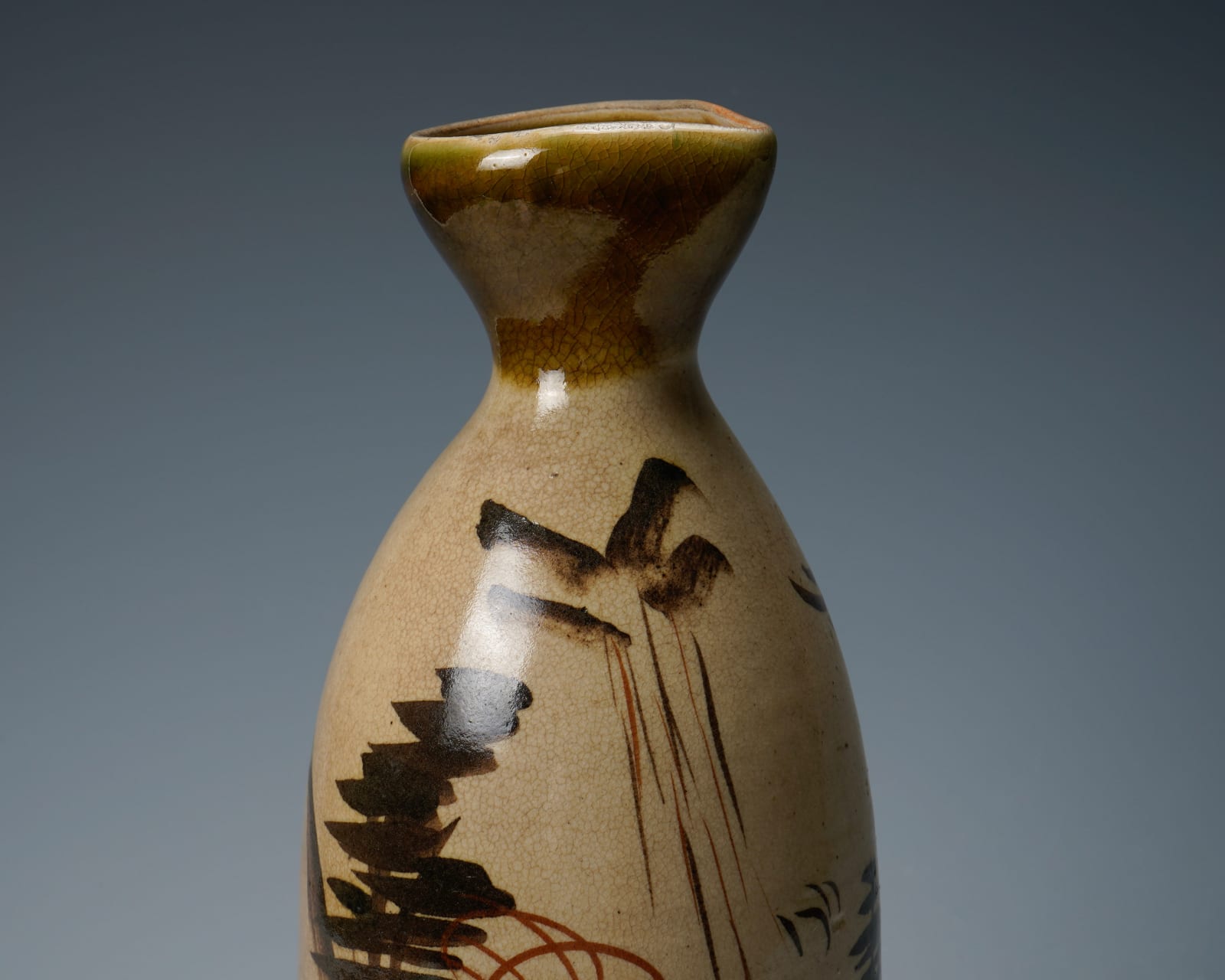Large Seto sake bottle showing a mountain waterway landscape 瀬戸大徳利 鉄絵山水楼閣図, Late Edo period 江戸時代後期 19世紀