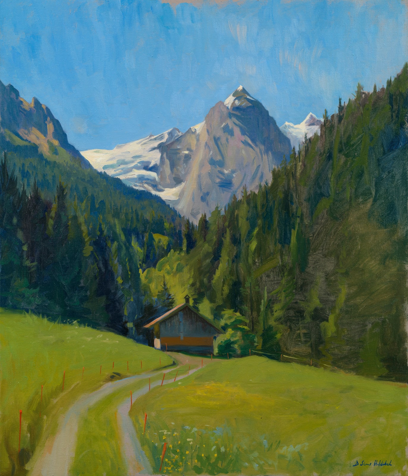 Daisy Sims Hilditch, Wild flowers and farm track towards the Wellhorn, morning summer light, 2024