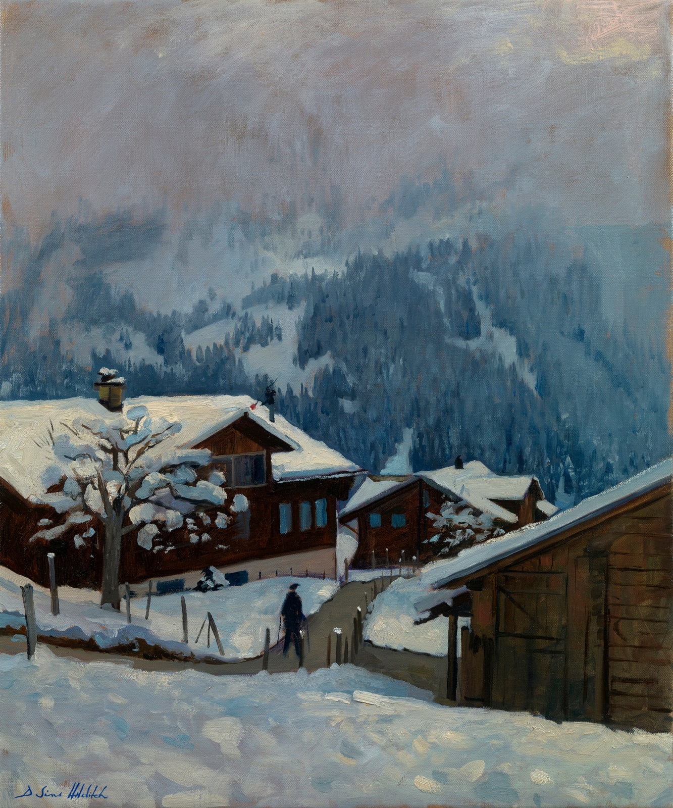 Daisy Sims Hilditch, A winter's walk through snowy chalets, 2023