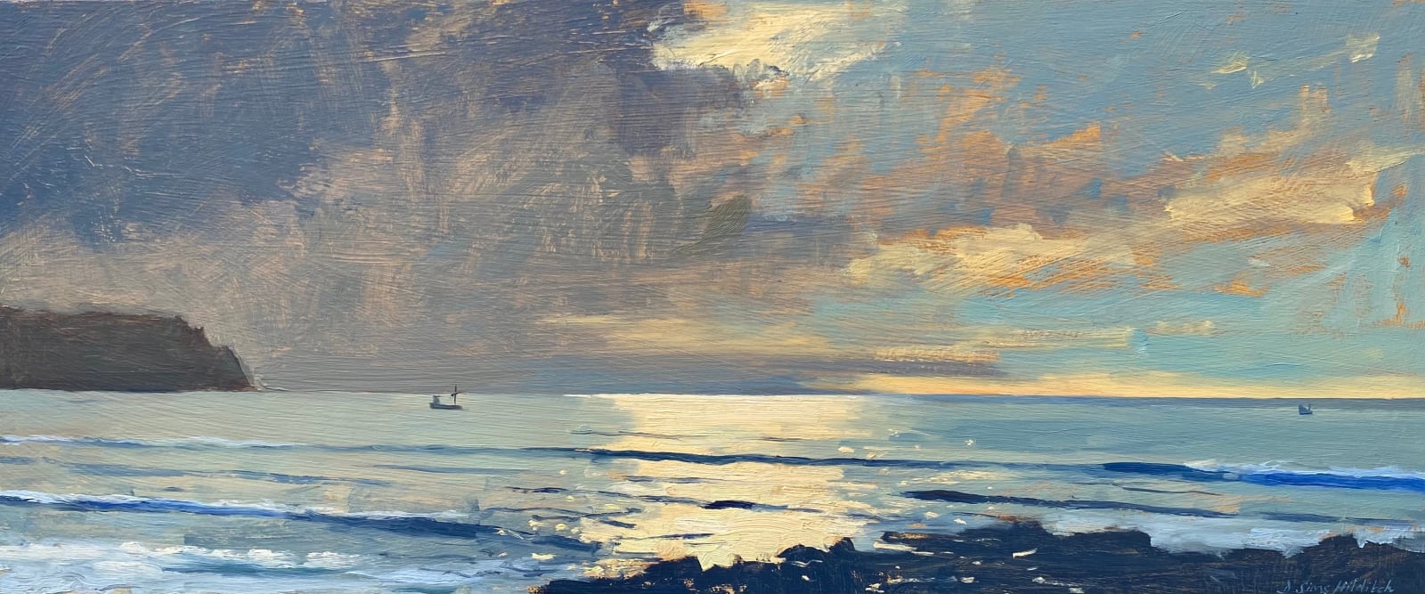 Daisy Sims Hilditch, Early Morning Light Impression with Fishing Boats, Pendower Beach, 2020