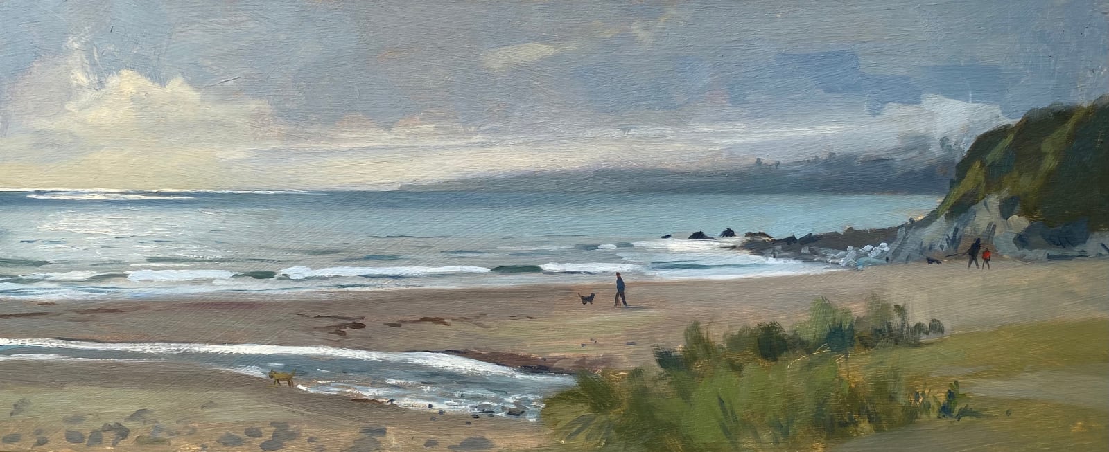 Daisy Sims Hilditch, Dog Walkers on Pendower Beach, Silvery Light and Mist Descending, 2020
