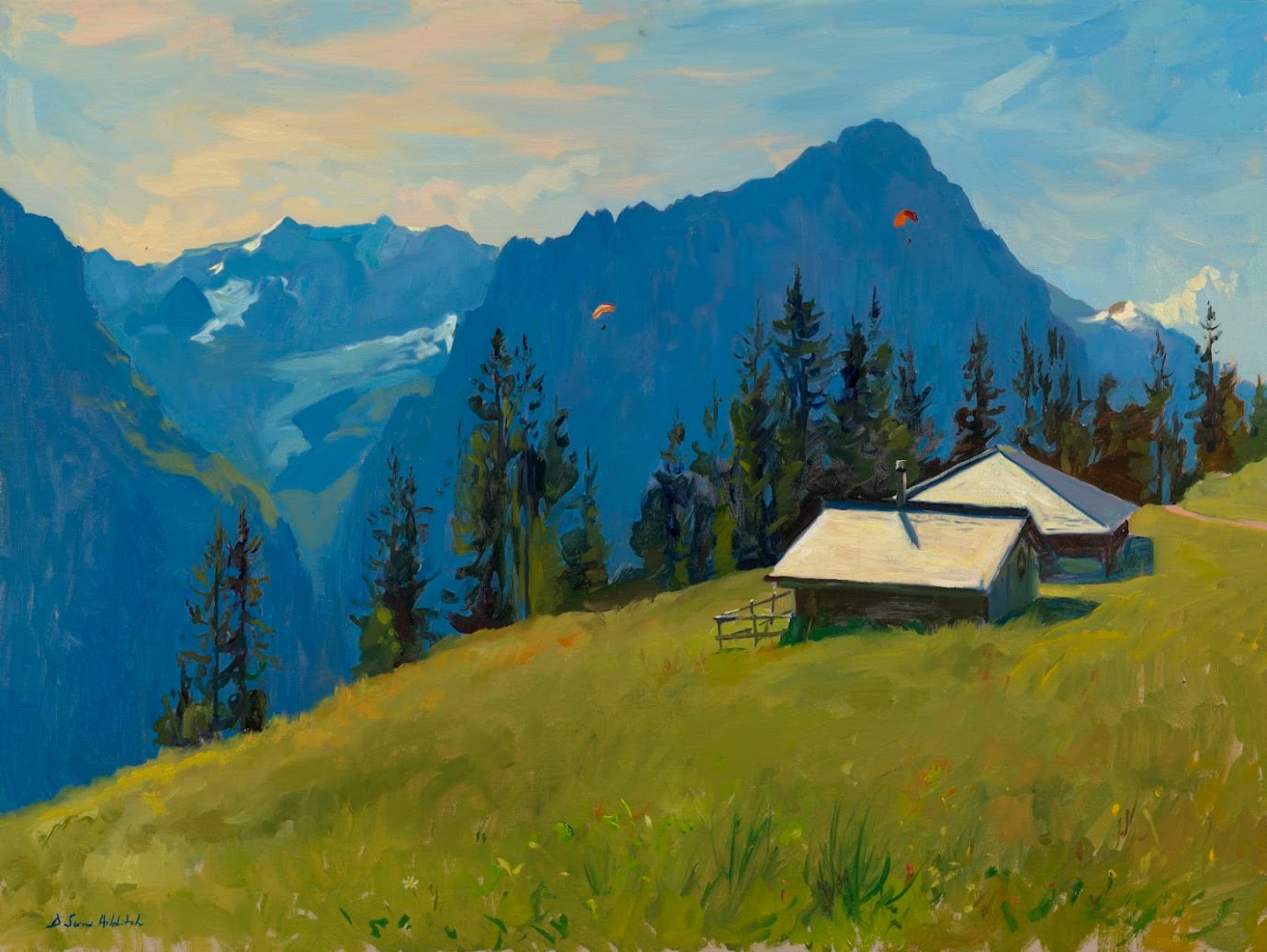 Daisy Sims Hilditch, Summer morning Pastures above Grindelwald, old mountain huts and the Eiger beyond, 2024