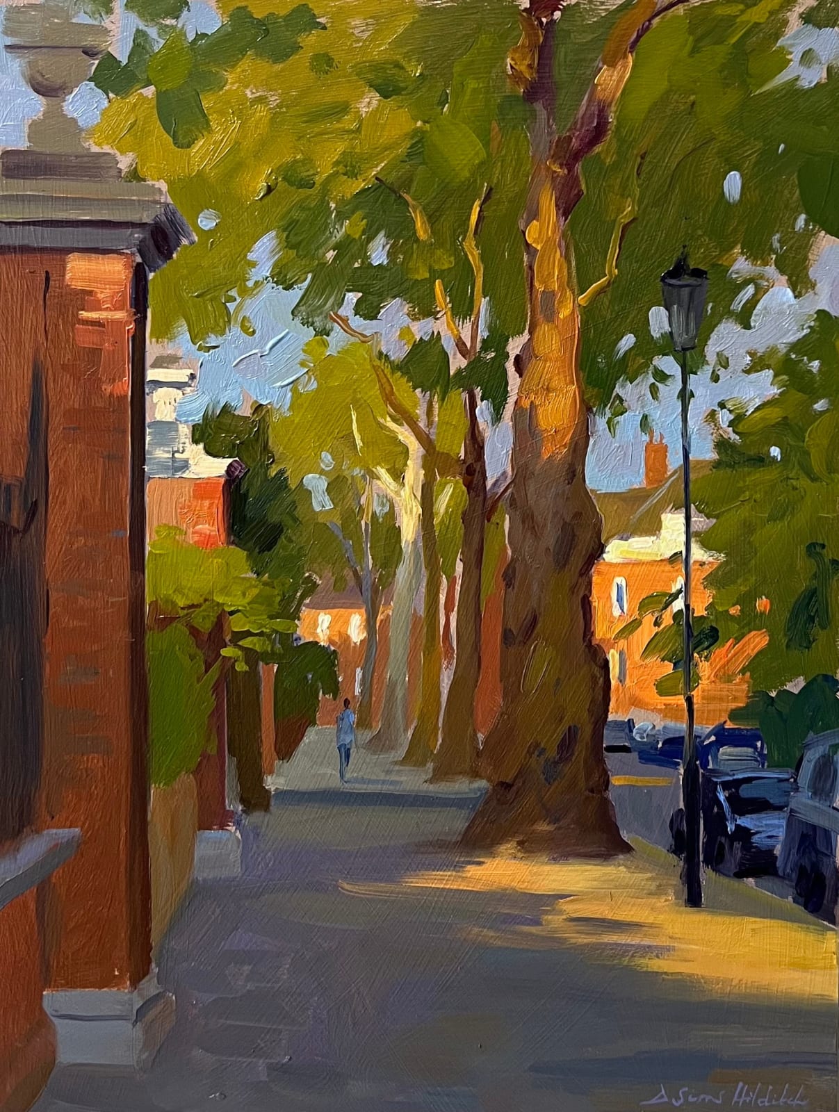Daisy Sims Hilditch, Spring evening, golden light on Cheyne walk towards Royal Hospital road, 2024