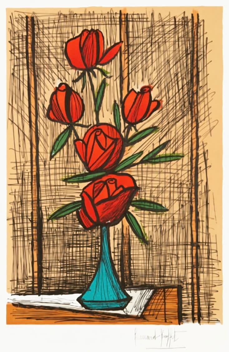 Bernard Buffet, Bouquets of five roses in a blue vase